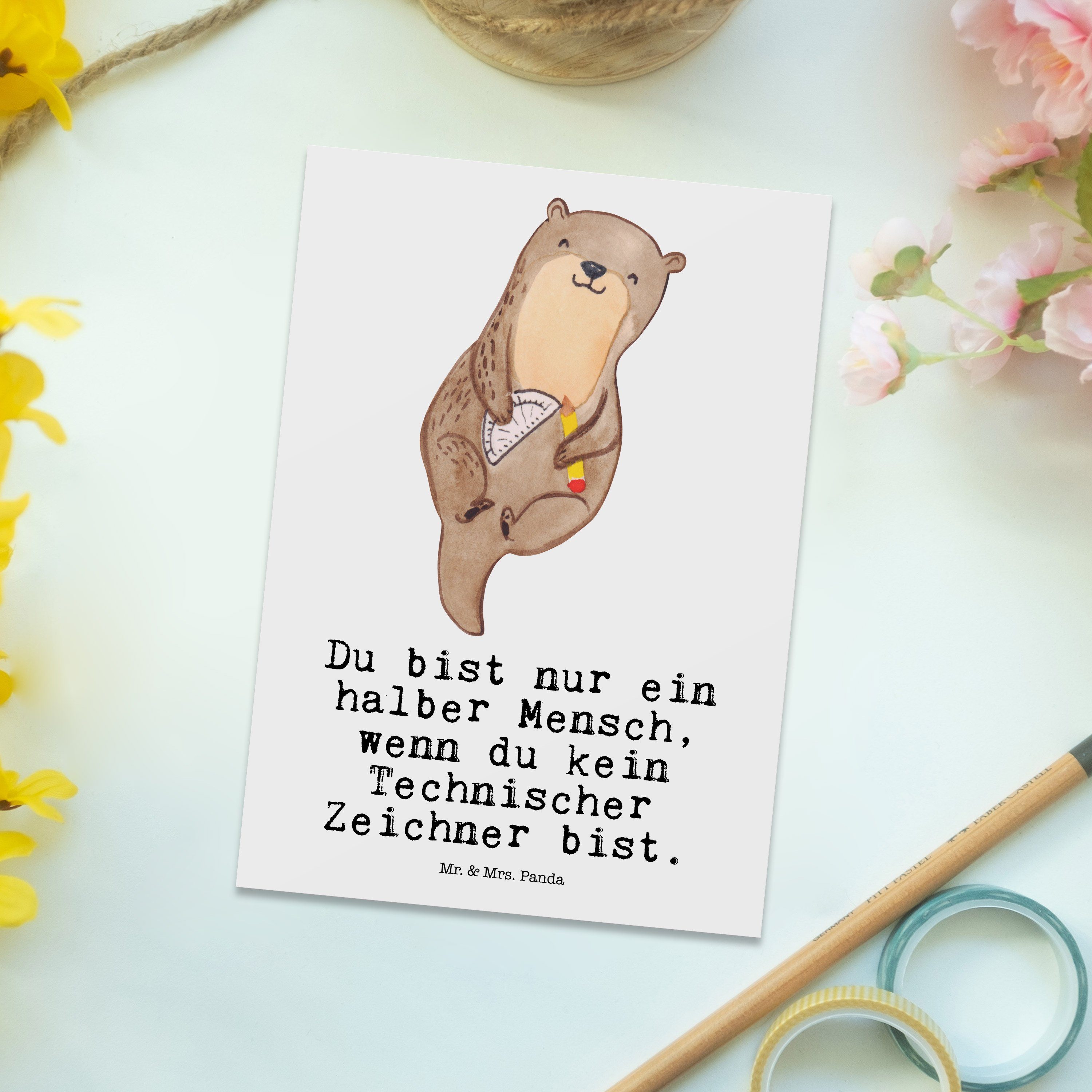 Mr. Panda Postkarte Arbeitskollege, Weiß Herz & Mrs. Zeichner Geschenk, - Technischer - mit Einl