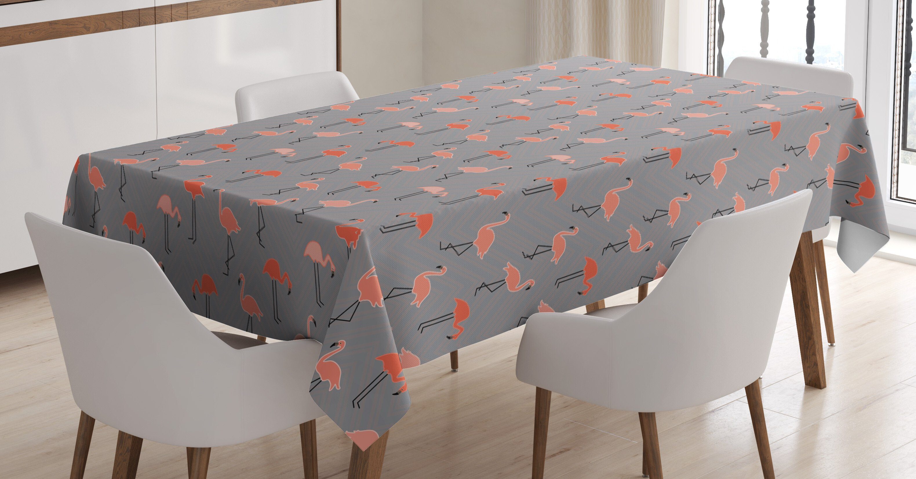 Abakuhaus Tischdecke Farbfest Waschbar Für den Außen Bereich geeignet Klare Farben, Flamingo Waldvögel auf Zigzags