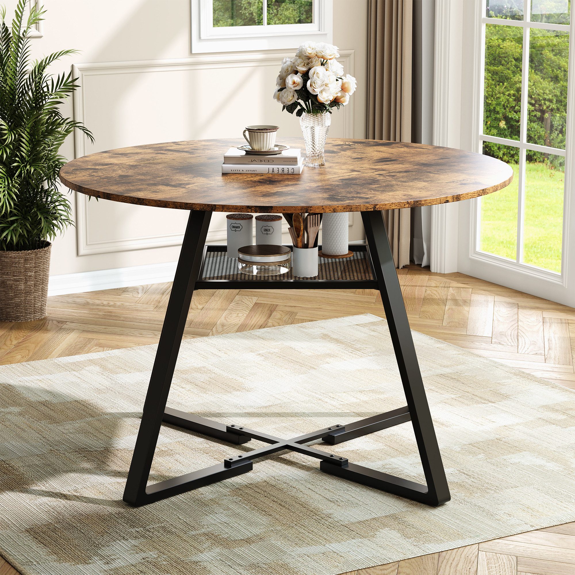 BELUPAI Esstisch Runder Esszimmertisch mit Stauraum (Set, 1-St., Metallgestell,4-6 Personen Ø120 cm Küchentisch für Wohnzimmer), Bruan – Bild 5 von 5