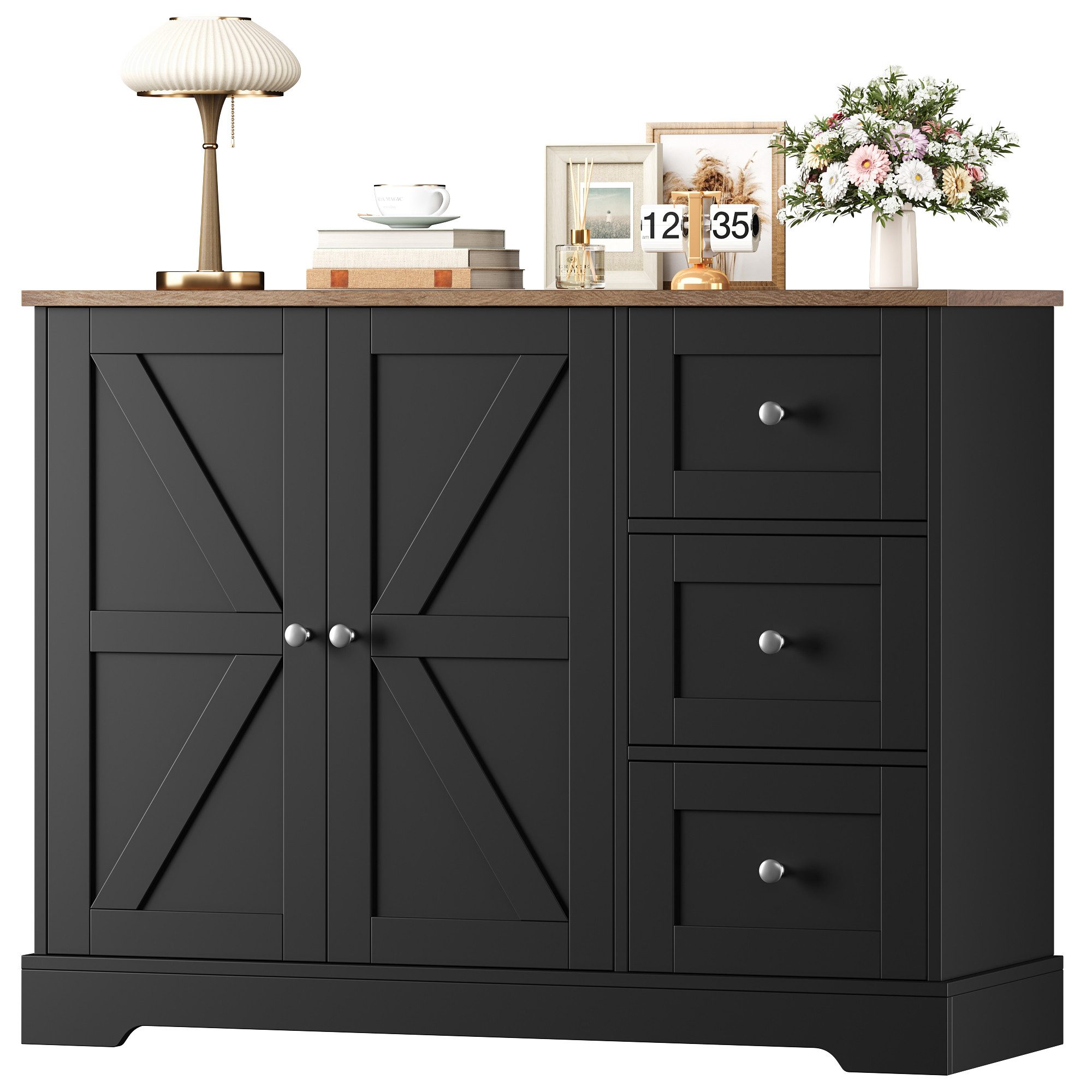 HOMECHO Sideboard, Küchenschrank mit Arbeitsplatte, Buffetschrank Weiß & Braun