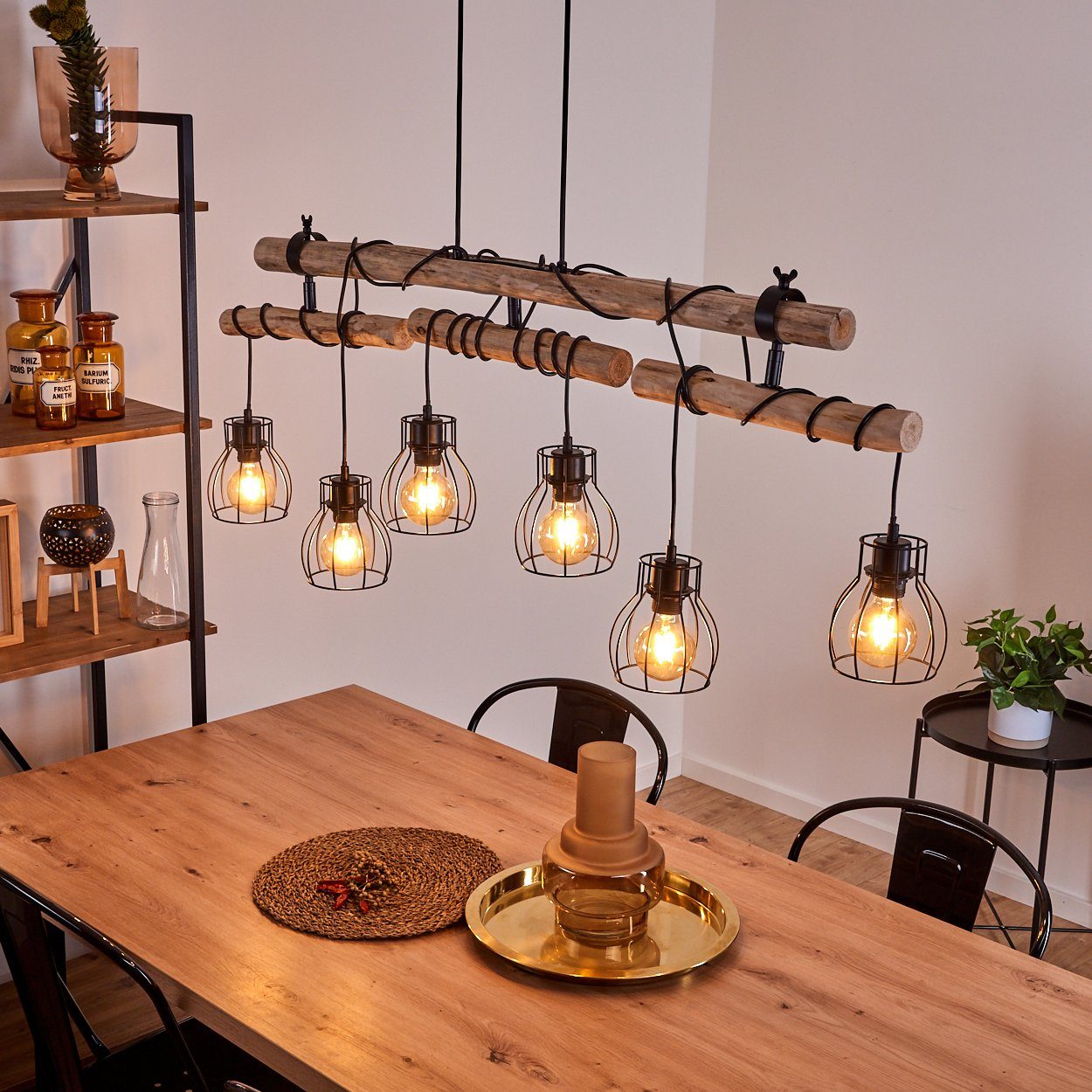 Leuchtmittel, aus Leuchtenköpfe in Metall Retro/Boho naturfarbenen einstellbar, ohne »Aprica« im Holz, Style, und 6xE27 schwarz Deckenlampe Zimmerlampe hofstein Pendelleuchte