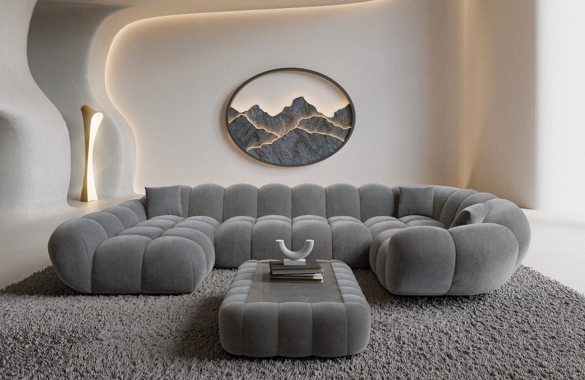 Sofa Dreams Wohnlandschaft Maleron U Form Design Stoffsofa, Stoff Polsterecke, 6-Sitzer, Ottomane links, Samtstoff Dunkelgrau