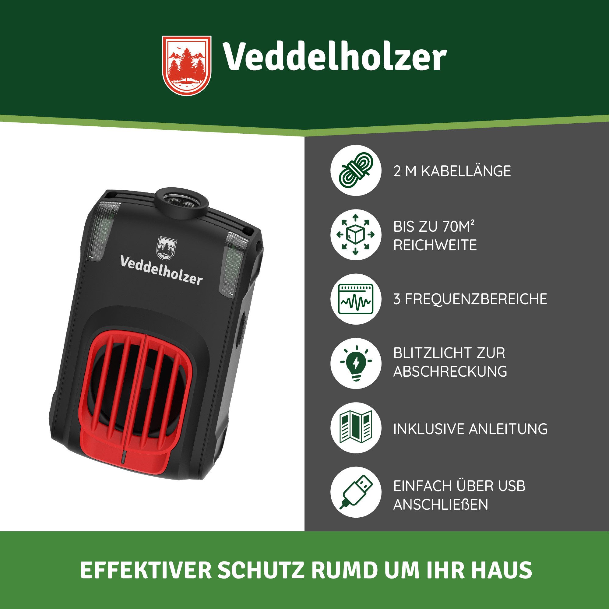 Veddelholzer Ultraschall-Tierabwehr Marderabwehr mit USB Stecker Ultraschall & LED Blitzlichter Haus, für Dachboden, Haus, Garage, Carport, Keller, Gartenhütte UVM 1-tlg., auf natürliche Weise Marder vertreiben, für 70m² Marderschreck