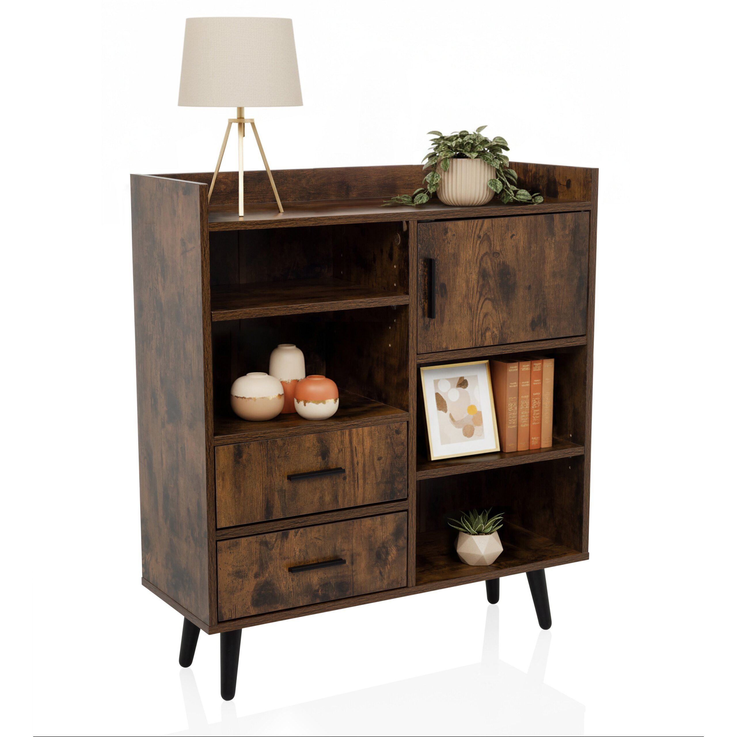 hjh LIVING Kommode MYRDAL Sideboard H/B/T: 90.0 x 80.0 x 30.0 cm, Highboard Anrichte mit 2 Schubladen 1 Tür, Industrial-Stil, Holzfuß