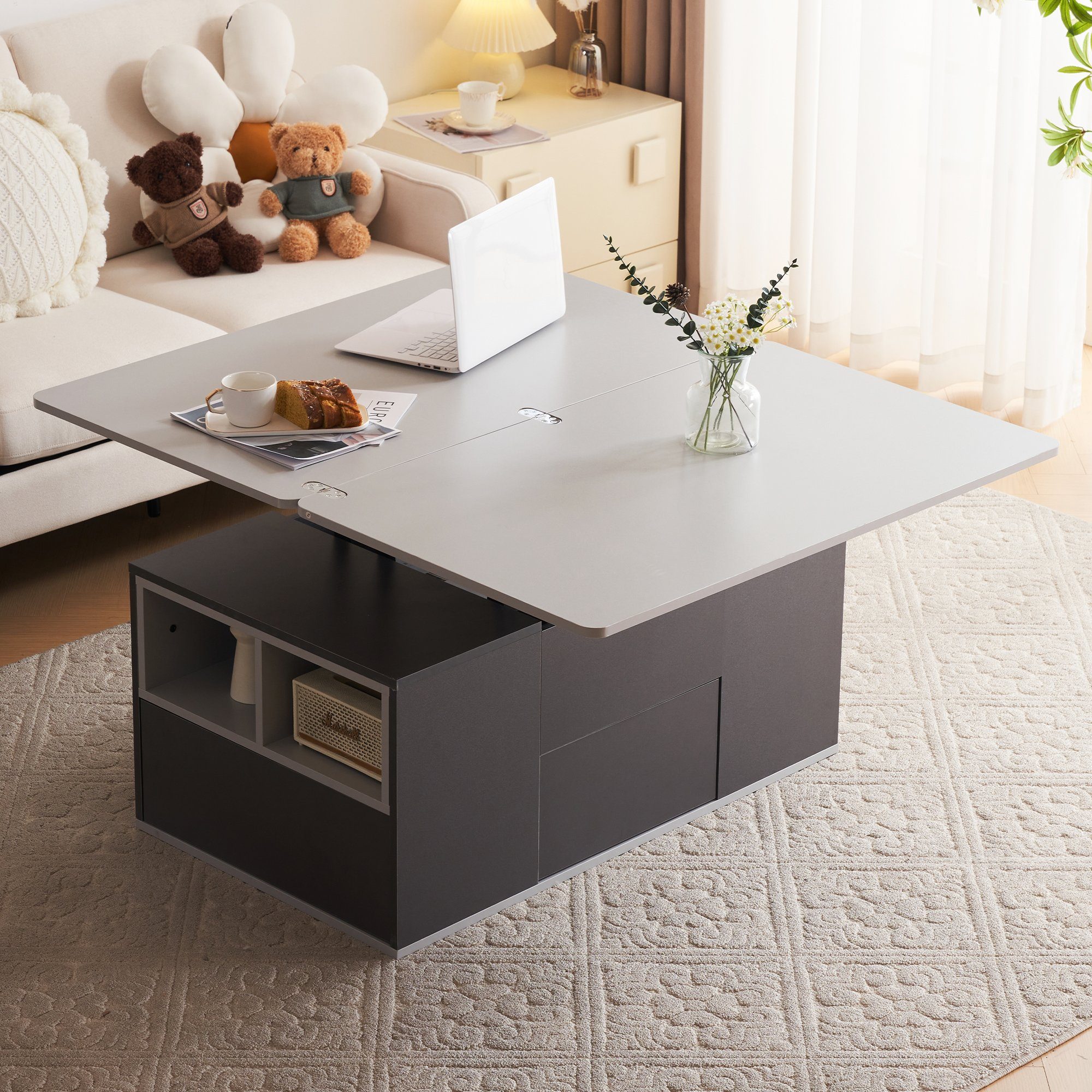 Merax Rund Couchtisch Set, 2-in-1 Beistelltisch Satztisch 2er Modern Wohnzimmertisch Mit Stauraum, Mit Glänzender Platte Und 1 Weißer Marmorplatte, Für Wohnzimmer Büro, Weiß/Grau