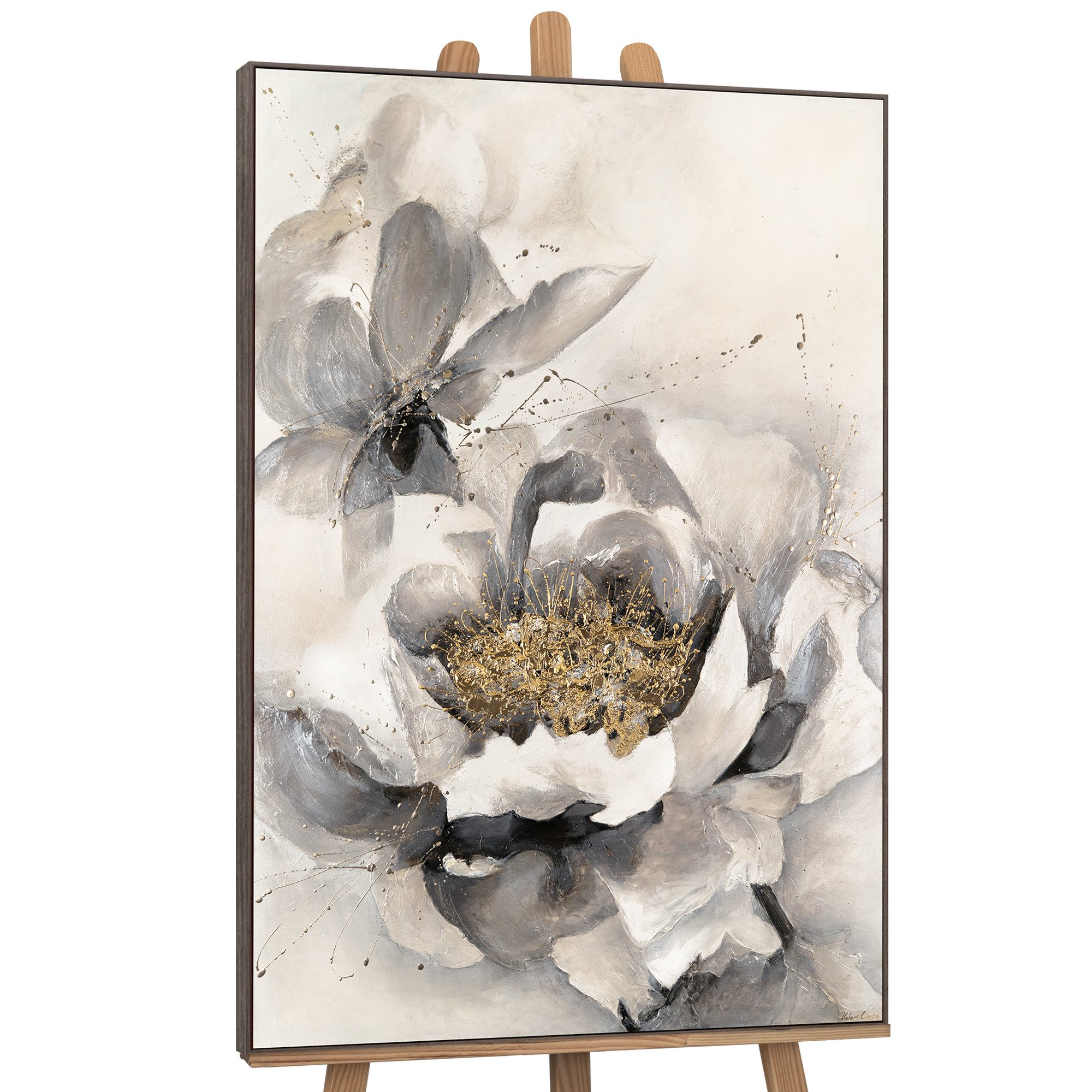 YS-Art Gemälde Blumenzauber, Blumen, Leinwandbild geöffnet Blüte in Weiß Gold