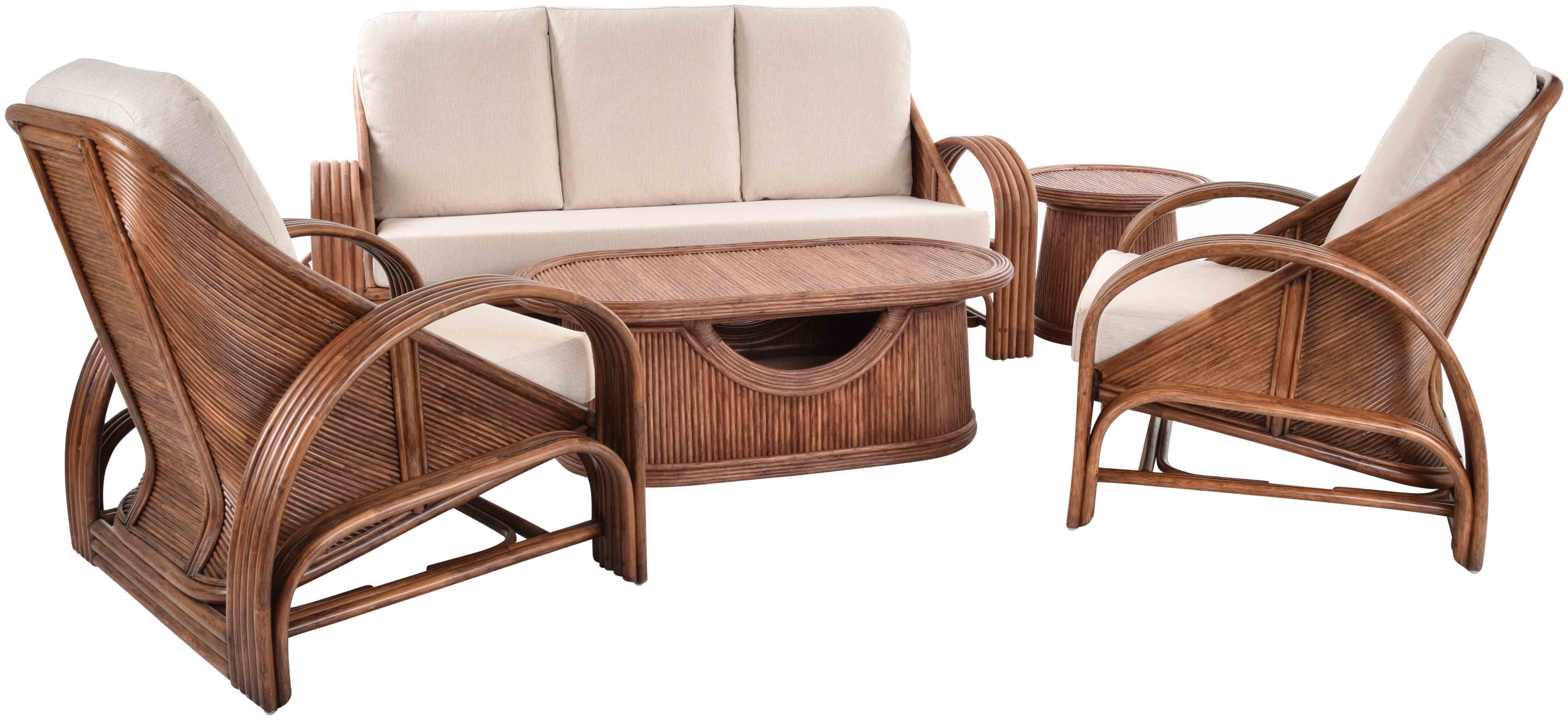 Krines Home Sitzgruppe Set/5 Lounge Set Déco Sitzgruppe aus echtem Rattan Garnitur 5 Personen, (5-tlg., 2x Sessel, 1x Dreisitzersofa, 1x Tisch oval, 1x Beistelltisch rund), Wohnzimmer Wintergarten Rattanmöbel Rattan Naturmaterial