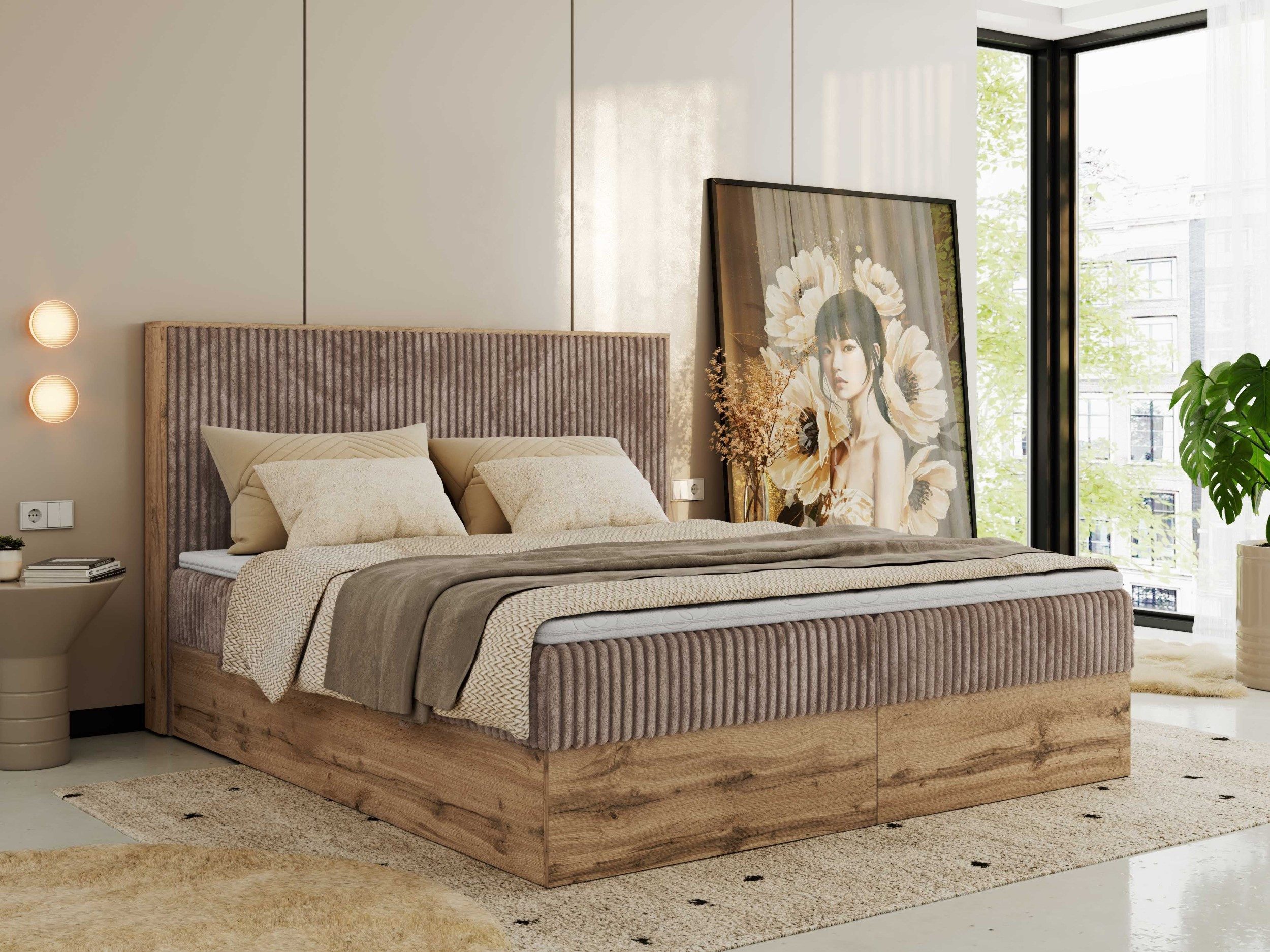 MKS MÖBEL Boxbett WOOD CLASSIC (Boxspringbett, Packung, Set, Topper T25/Visco, hohe Kopfteil, Multipocket-Matratze), Doppelbett, Stauraum, Möbelplattenelementen