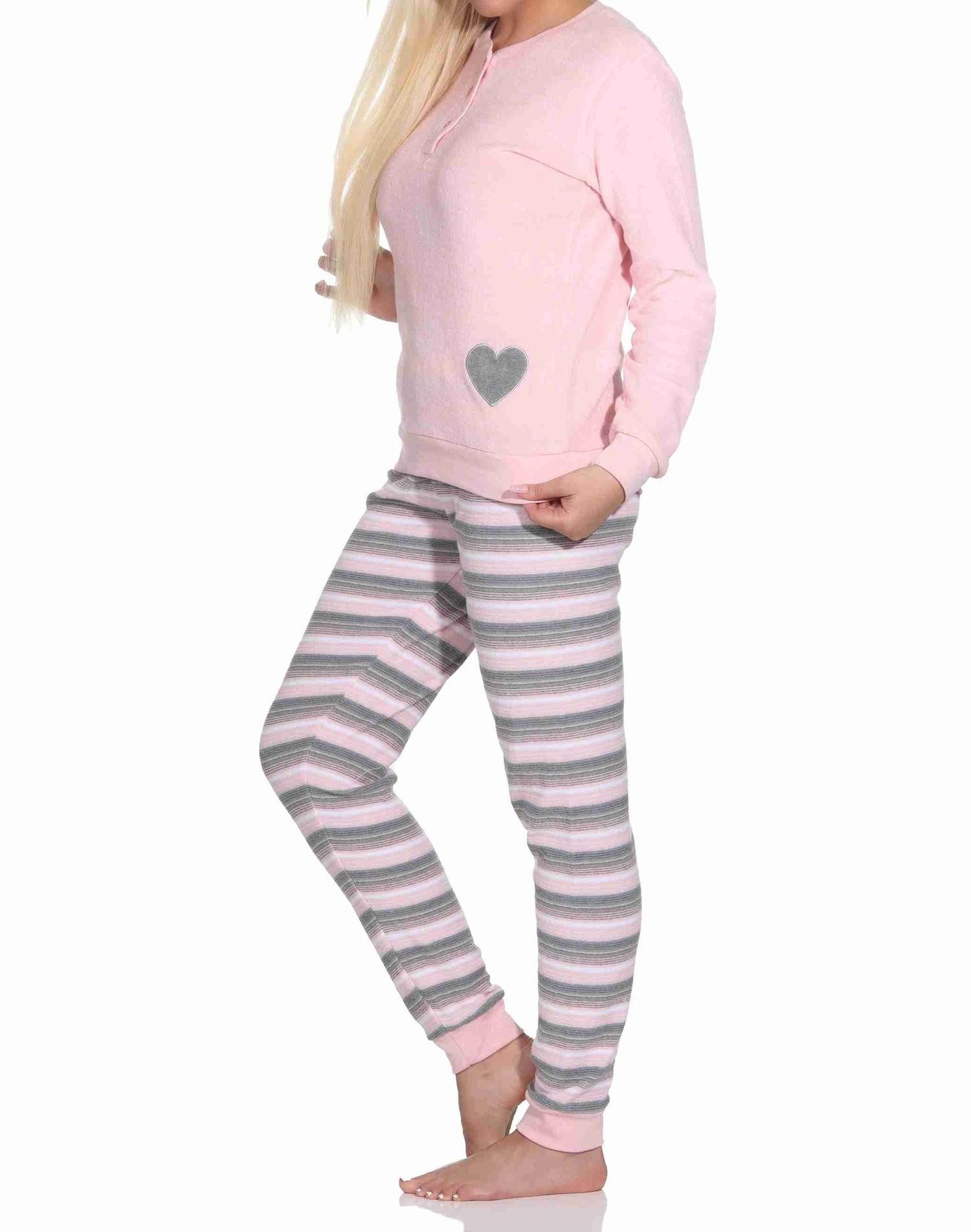 Normann Pyjama Wunderschöner Damen Frottee Schlafanzug mit Bündchen und Herz-Motiv – Bild 3 von 5