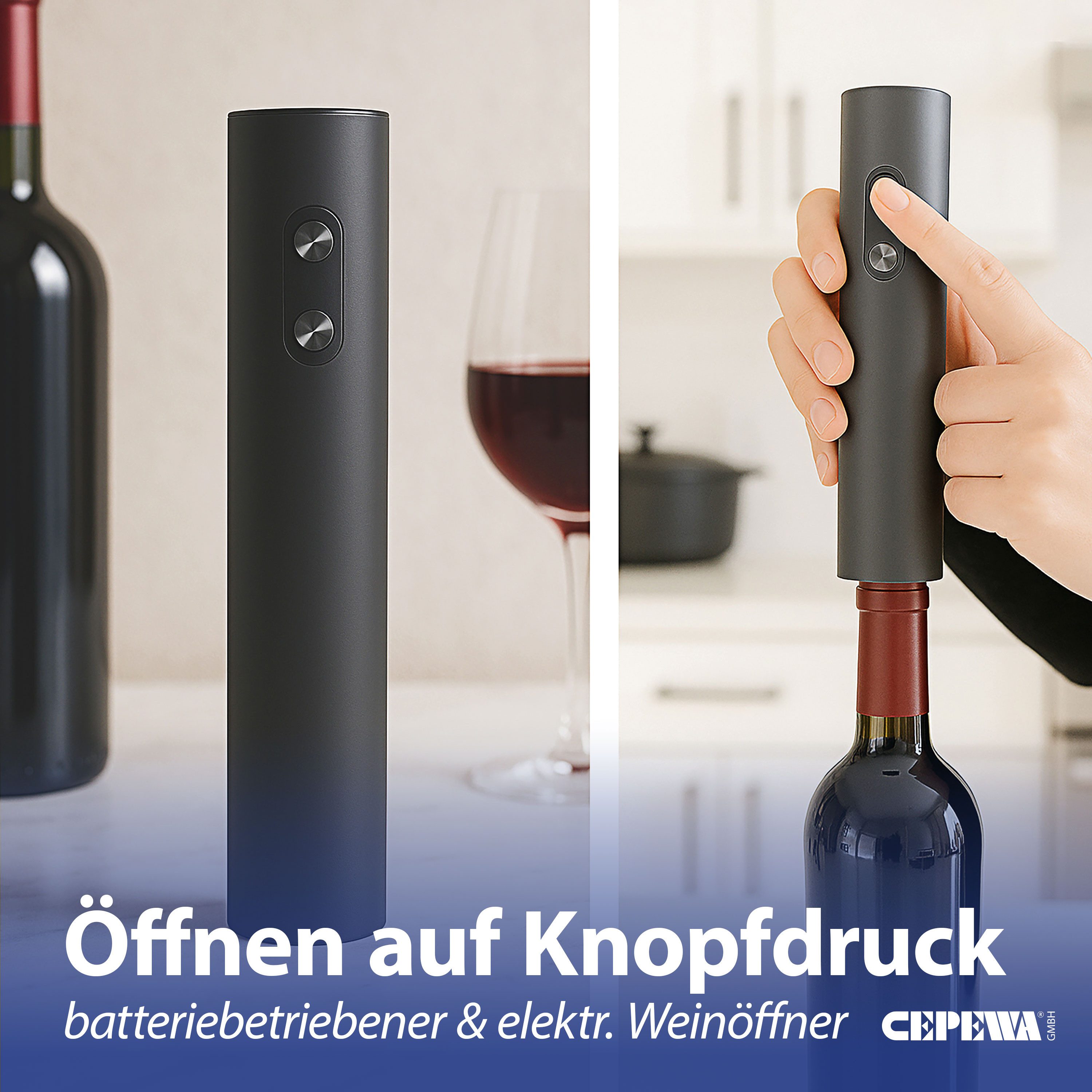 CEPEWA Weinflaschenöffner Elektrischer Weinflaschenöffner Kunststoff schwarz 4,5x22,5cm