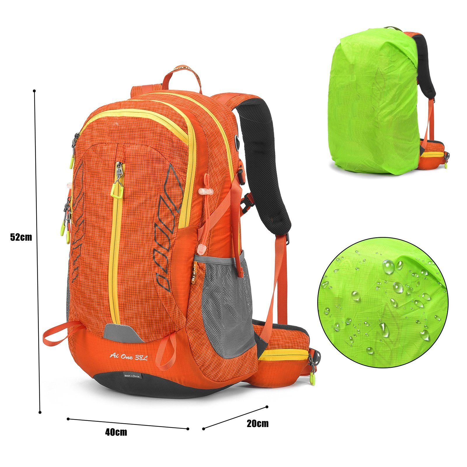 Regenschutz Camping Wanderrucksack (Einschließlich Trekking Großer für mit Orange Reisen Rückenbelüftung, Regenschutz), mit TAN.TOMI Outdoor Wanderrucksack Wasserdicht 38L