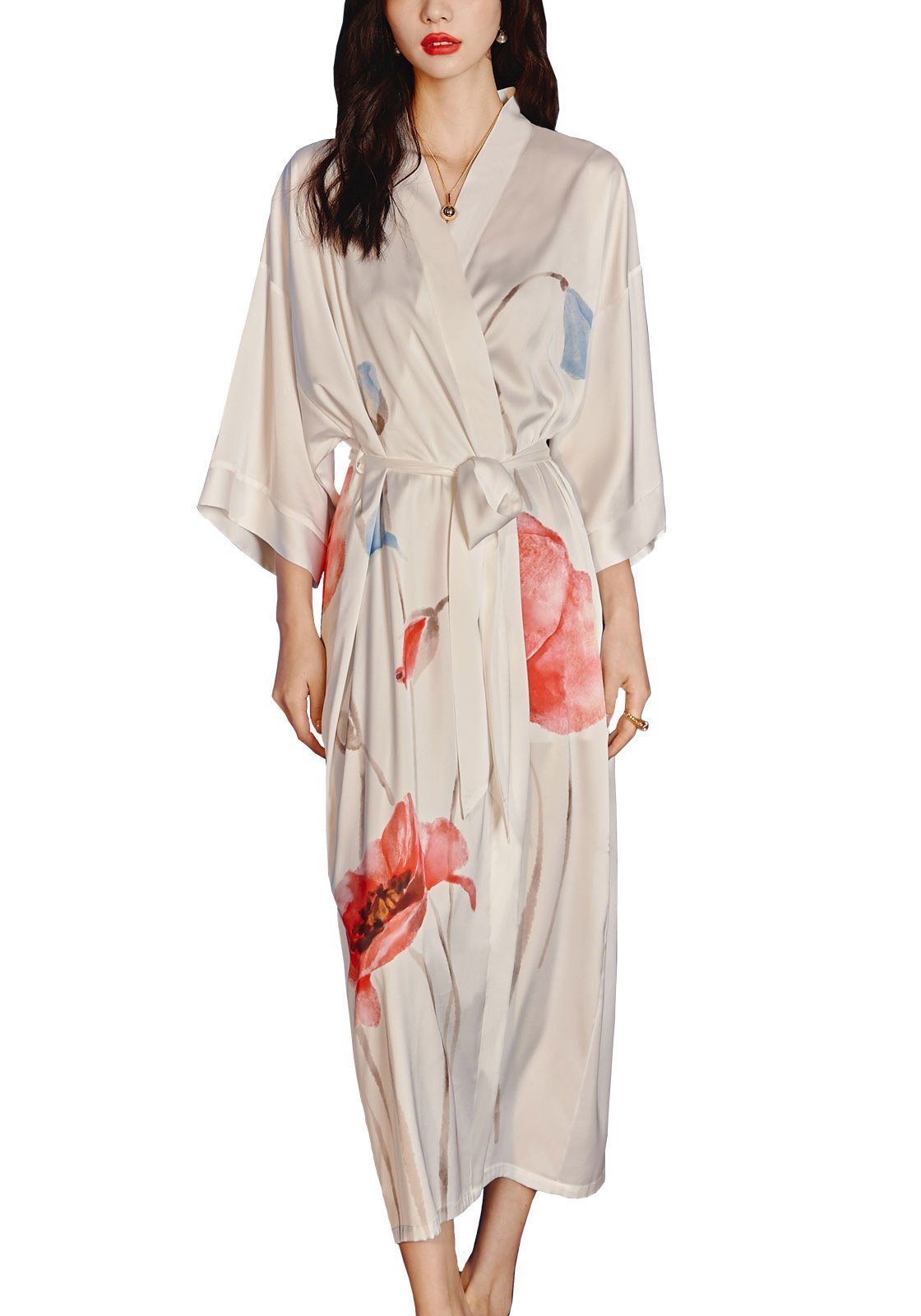 Vivi Idee Morgenmantel Bademantel Schlafmantel kimono lang leicht satin Sauna Einheitsgröße, Kimono-Kragen, Bindegürtel, Seidig