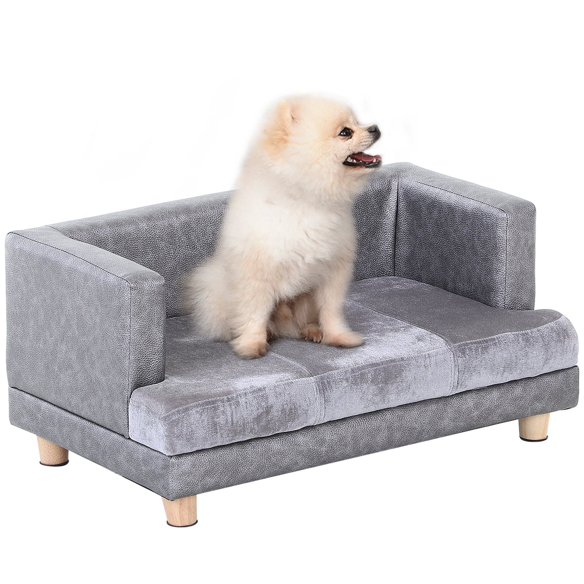 PawHut Tierbett Hundesofa, Haustiersofa, Hundebett, Hundematte, Grau, PU-Leder, Kurzplüsch, 68L x 41B x 32H cm