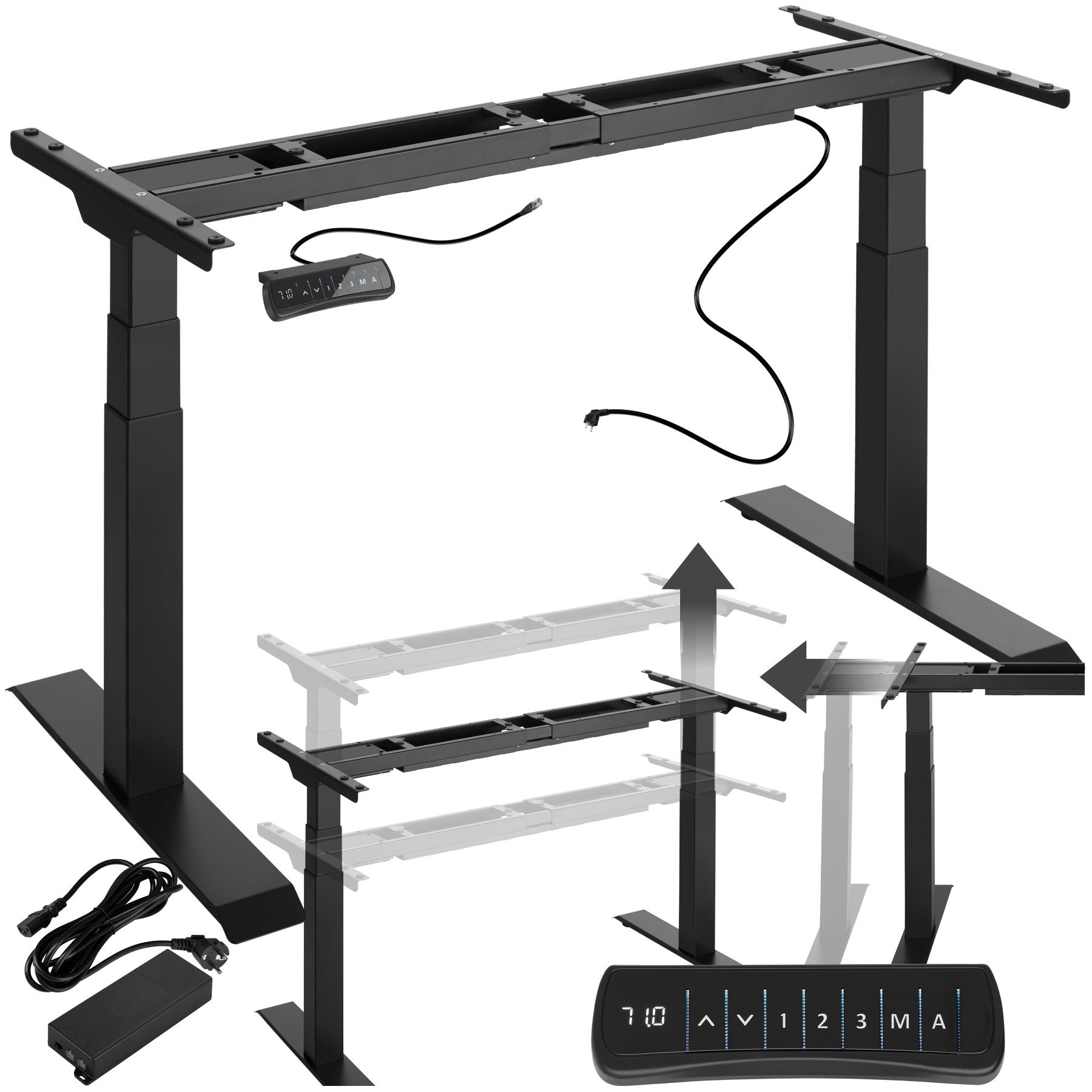 tectake Tischgestell Schreibtischgestell, Belastbarkeit 125 kg, 110-190 x 68 x 58-123 cm (Tischuntergestell Denis, 1-St., in schwarz), Elektrisch stufenlos höhenverstellbar