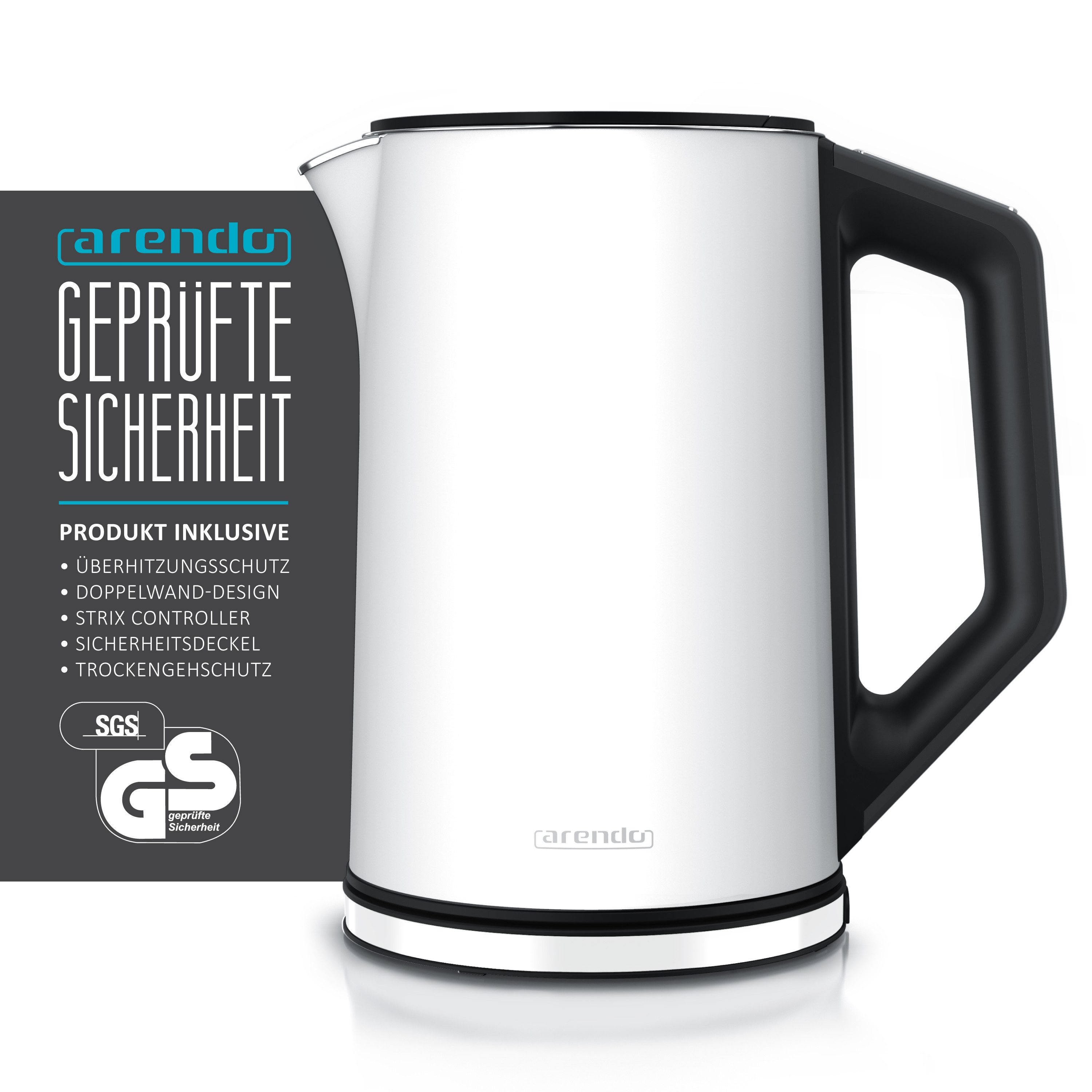 Arendo Wasserkocher Doppelwand, Edelstahl, Temperatureinstellung 40°–100°C mit Anzeige, 1,5 l, 2200 W, in 5 °C-Schritten einstellbar, Teekocher mit Temperaturanzeige