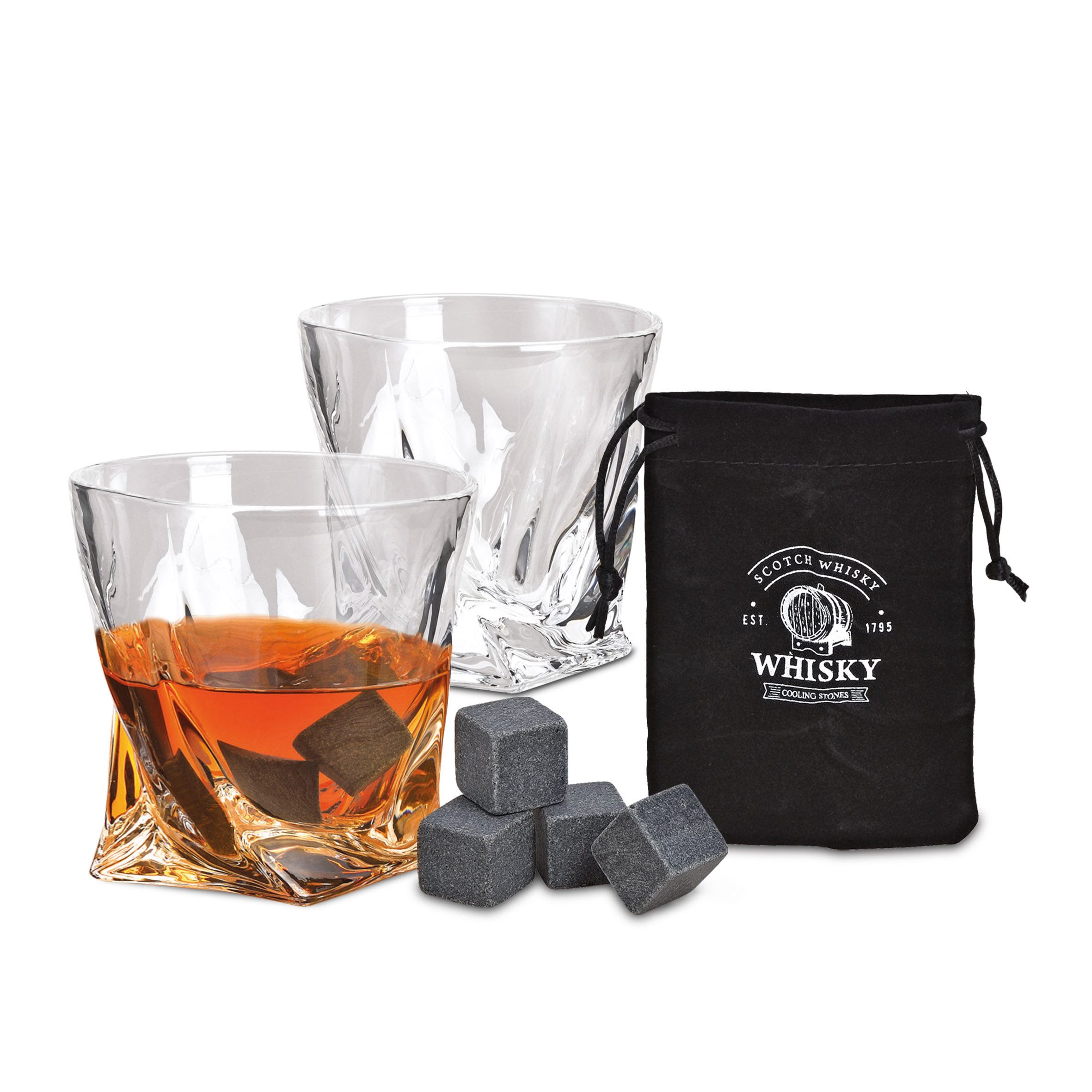 Woma Whiskyglas Whisky Glas Geschenk Set aus Kristallglas - 7-teilig, Kristallglas / Basalt, 2er Trinkglas Set mit 4x Basalt Kühlsteinen und Samtbeutel