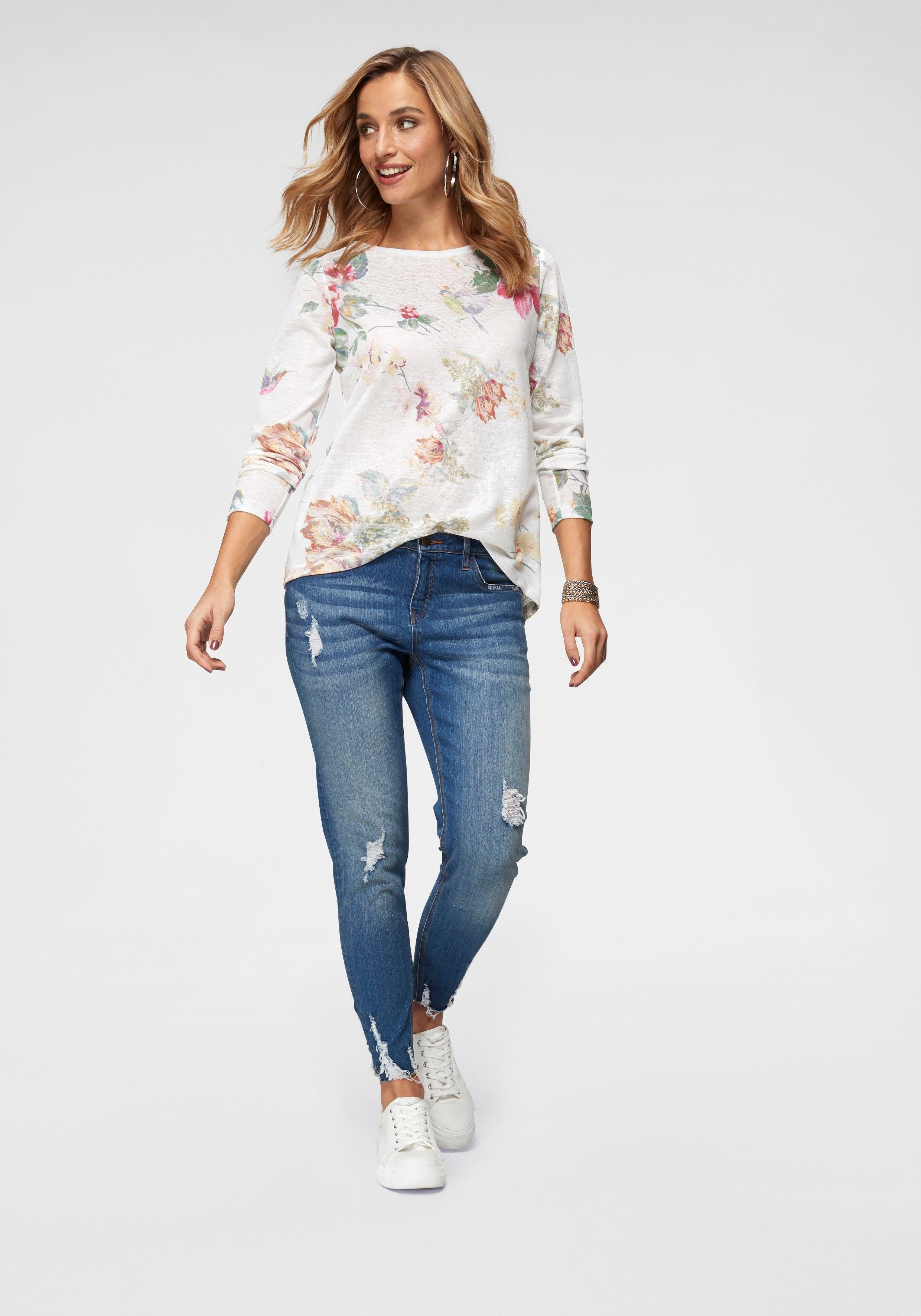 Aniston CASUAL Langarmshirt mit großflächigem Blumendruck und Vögeln – Bild 4 von 5
