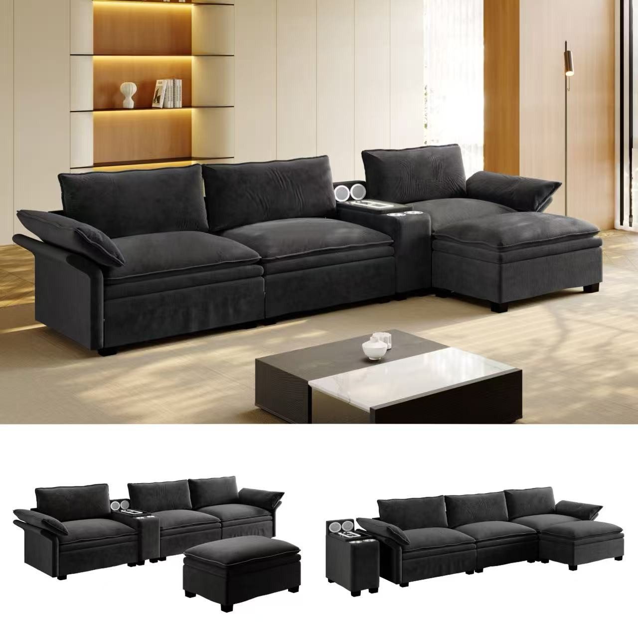 Totnz Sofa Modulares 4-Sitzer Sofa mit Ottoman, verstellbare Rücken- & Armlehnen, Bluetooth-Lautsprecher, Getränkehalter, Chenille-Bezug