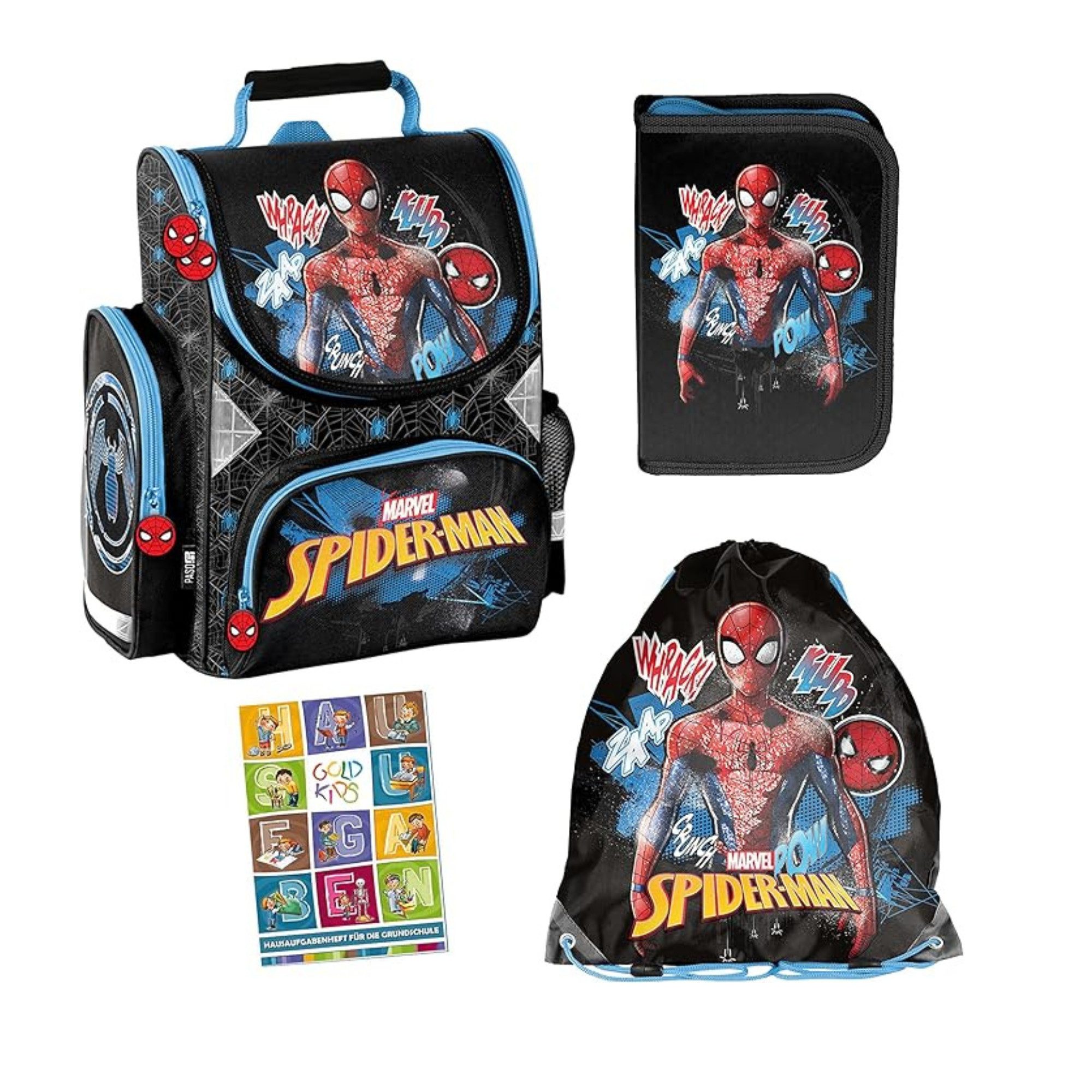 GOLDKIDS Ранці Spiderman ergonomischer Ranzen Federmappe (Turnbeutel Aufgabenheft für die, 1-tlg., Grundschule 4er Set Lizenzartikel), Marvel Spiderman Spider-man