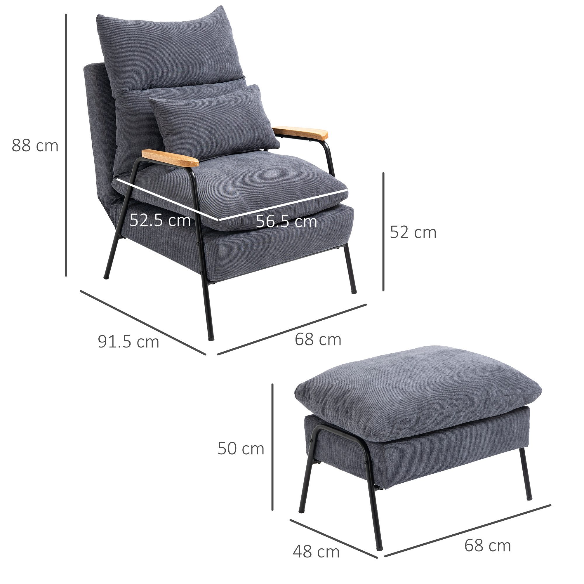 OKWISH TV-Sessel Ohrensessel,Relaxsessel,Polsterstuhl (Relaxsessel Ohrensessel mit Hocker Grau – Neigbare Rückenlehne 155°, stabiles Stahlgestell), mit Relaxfunktion