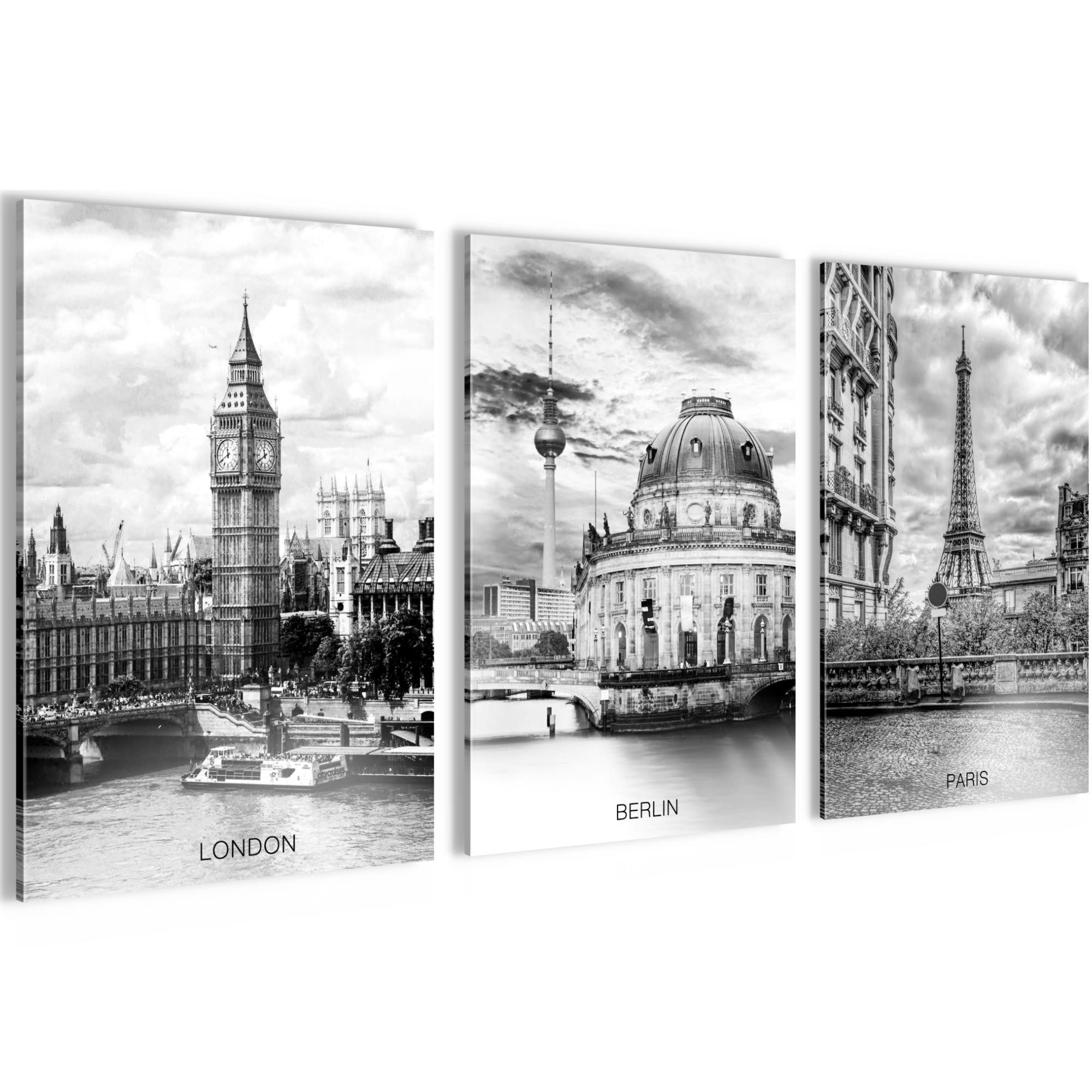 Novart Wandbild Städte Berlin London Paris Schwarz Weiß Bilder Set Deko, London (3 St)