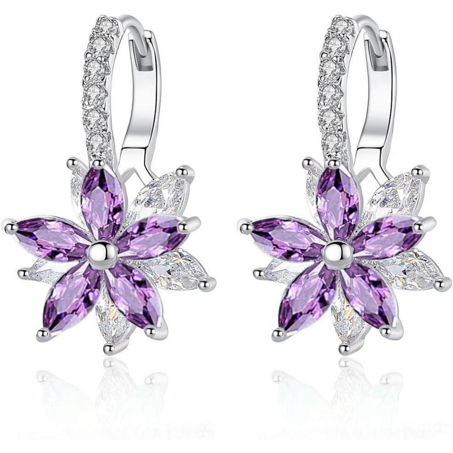 LuxusKollektion Klappcreolen Damen Creolen Ohrringe Silber Blumen Zirkonia Geschenkbox Lila