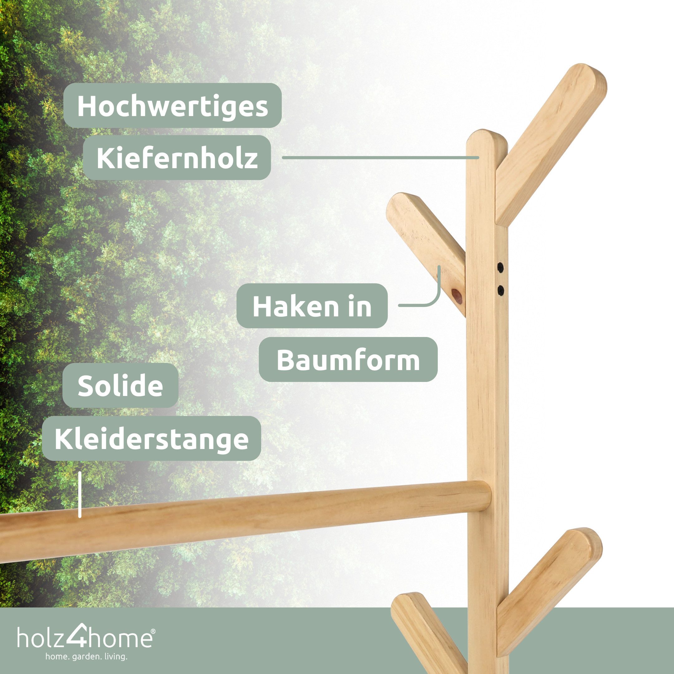 holz4home® Garderobenständer Kleiderständer aus Holz I Garderobe Massivholz, Rollbar