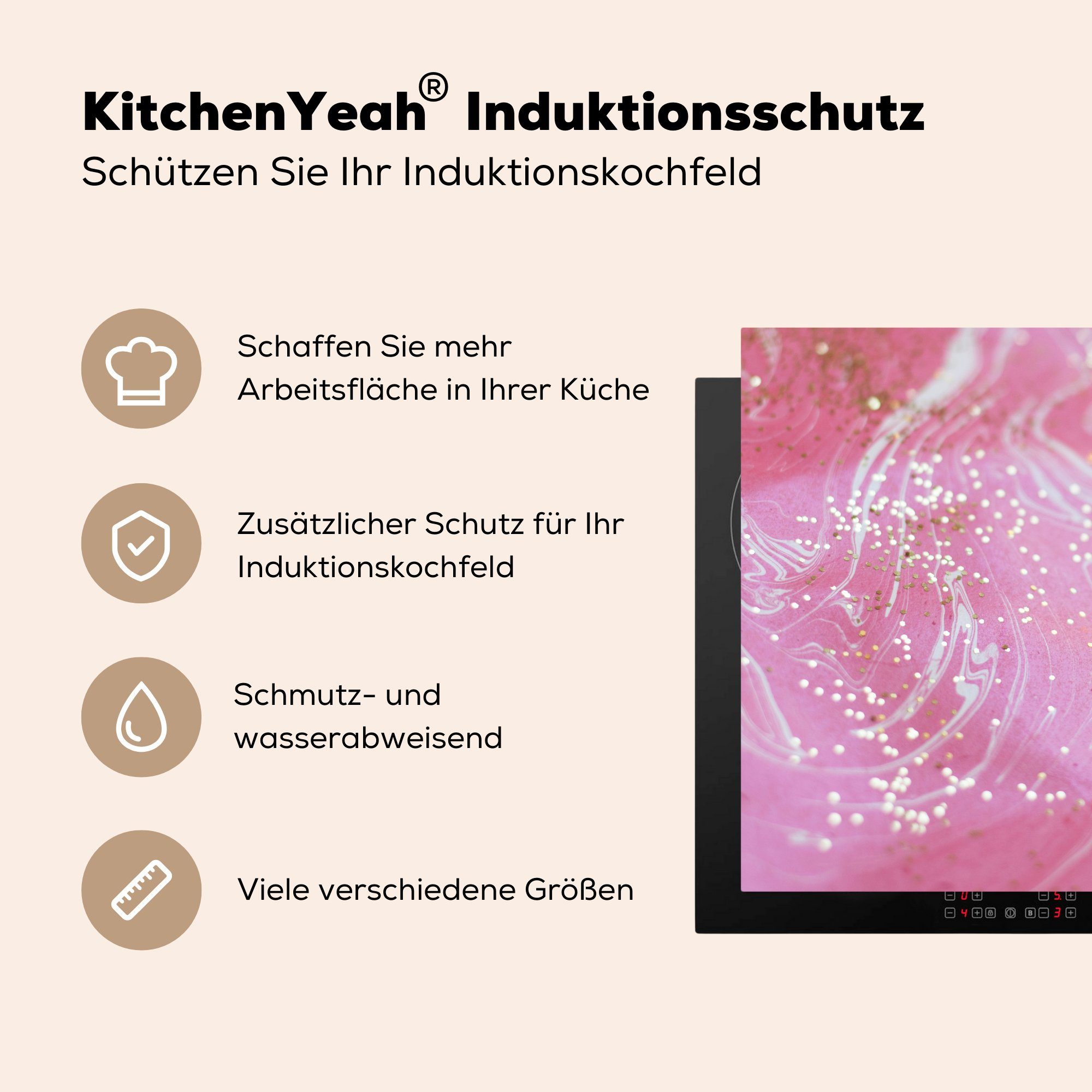 MuchoWow Herdblende-/Abdeckplatte Gold - tlg), Arbeitsplatte küche Rosa, cm, - 78x78 (1 - Vinyl, Weiß Ceranfeldabdeckung, für Marmor