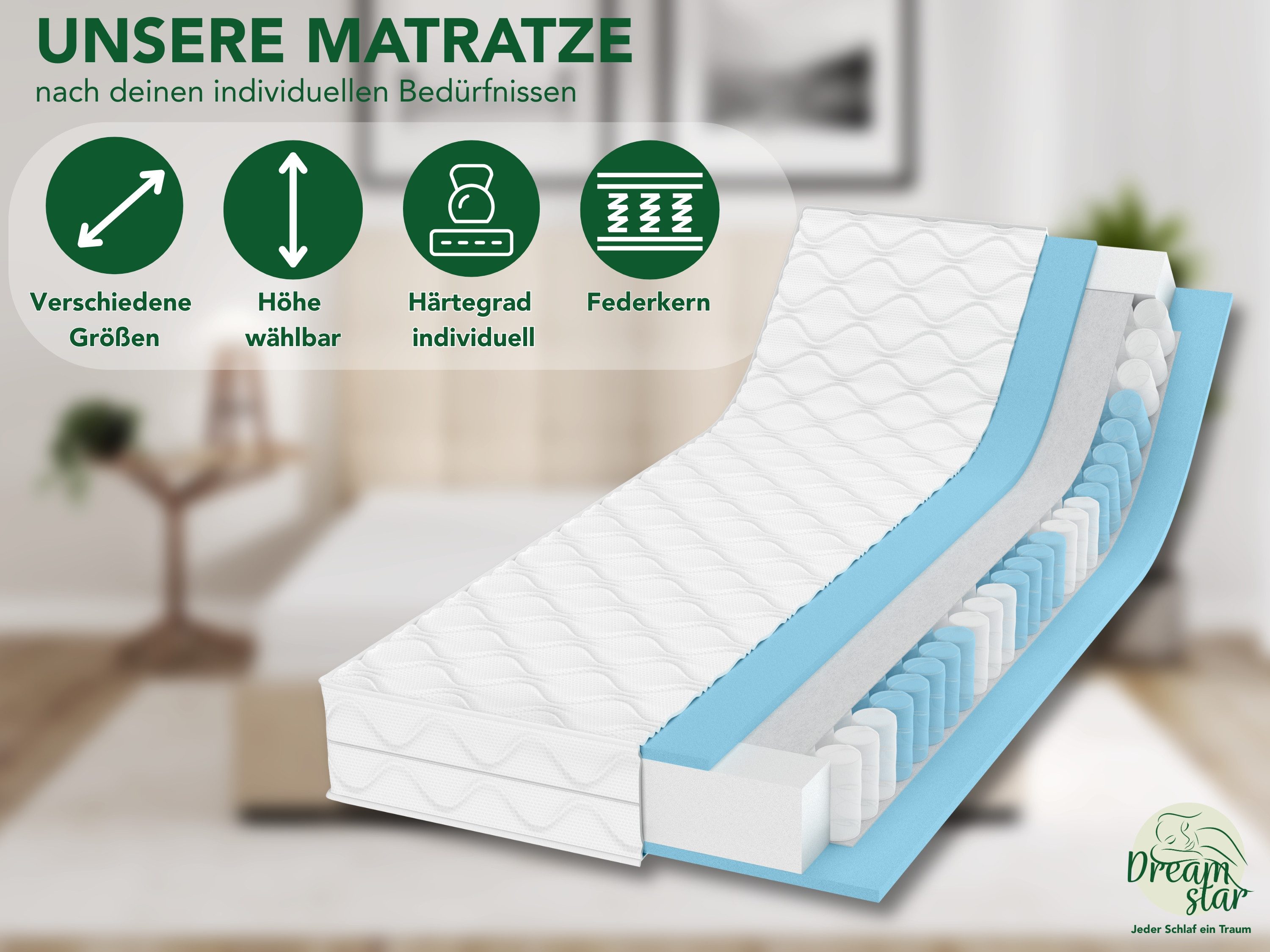 Taschenfederkernmatratze Ergo Flex, 7-Zonen Federkernmatratze, ergonomische Wendematratze H2/H3, Dreamstar, 17 cm hoch, punktelastisch, anpassungsfähig, atmungsaktiv (Höhe 17 cm und 22 cm)