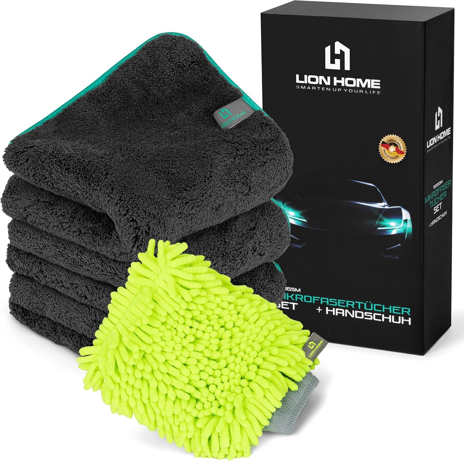 Lion Home 3x Mikrofasertuch 40x40 1200 GSM & Handschuh Set Saugstark & Sanft Mikrofasertuch (Polyamid, Polyester, 40x40 cm, Kratzfreies Reinigungsset für Lack & Haushalt Fusselfrei & Weich)