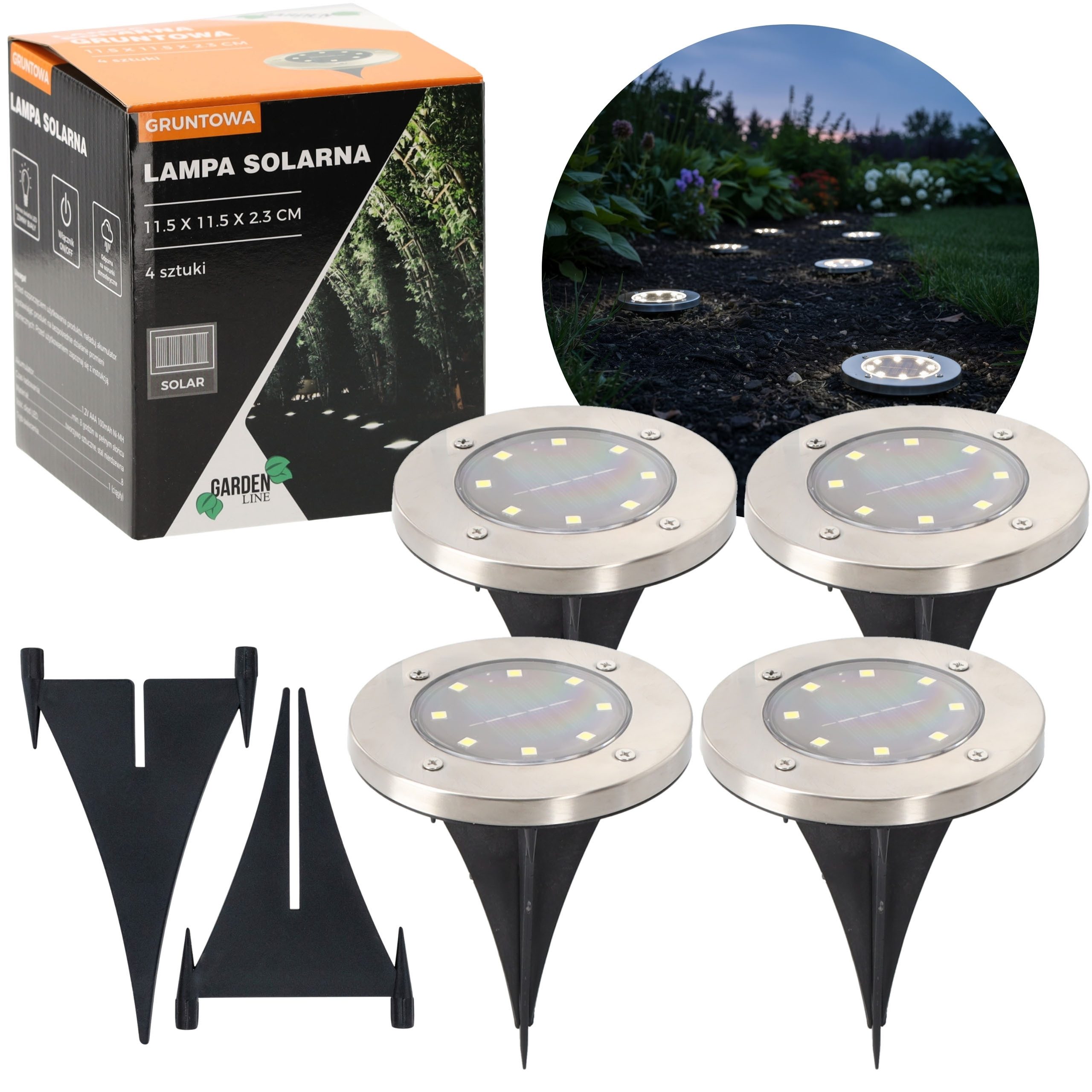 Sarcia.eu Gartenstrahler 4 Solar-Bodenstrahler, silberne Gartensteckleuchten, scheibenförmig