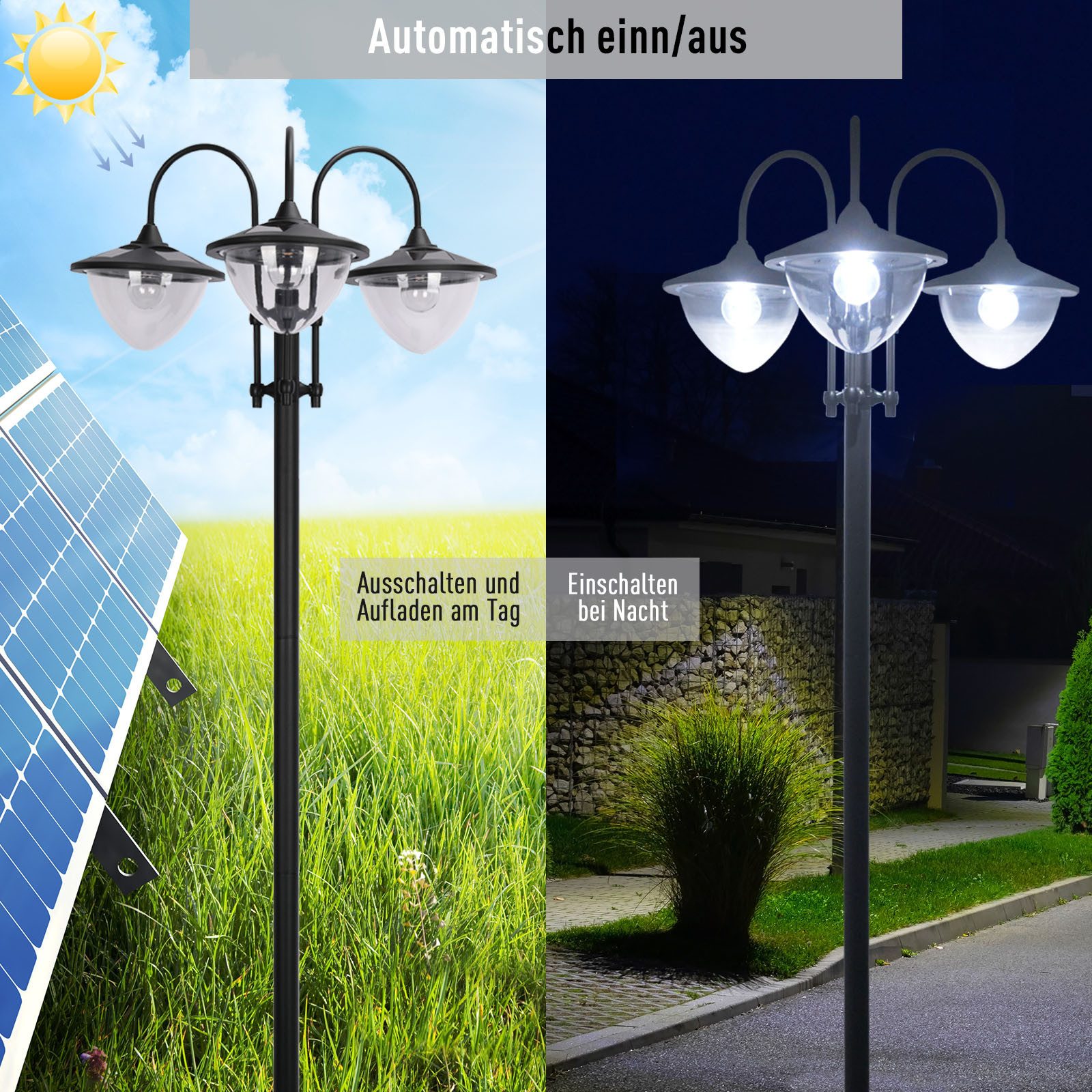 furnicato Gartenleuchte Solar Laterne Stehleuchte 189 cm, Metall, Schwarz, IP44 – Bild 4 von 5