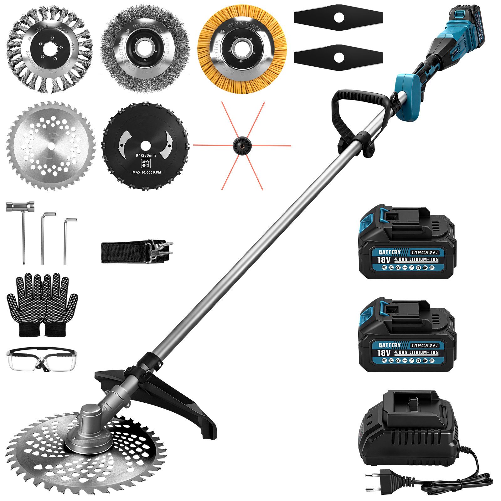 XERSEK Elektro-Rasentrimmer 1380W Akku-Freischneider mit Bürstenloser Motor, Rasenmäher Motorsense, 30cm cm Arbeitsbreite Faden, 3-Bürste + 5 Mähkopf, Grastrimmer Kantenschneider Für Garten Rasen