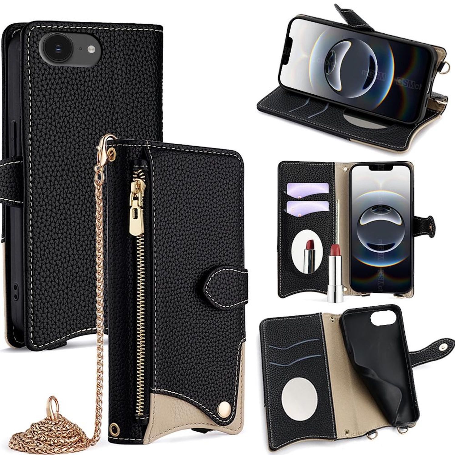 Wigento Handyhülle Für Apple iPhone 16e Design Crossbody Kunstleder Schutz Tasche Schwarz, Wallet Case mit Spiegel, Kartenfächern und Umhängekette