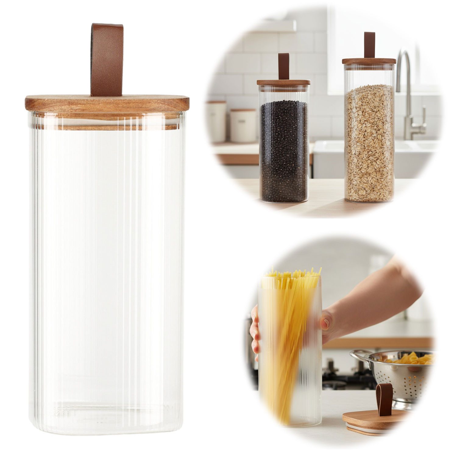 LS-LebenStil Vorratsdose Vorratsdose aus Glas 1900ml 28x10cm mit Deckel Vorratsglas Luftdicht, Glas, (Küche Organizer Aufbewahrungsbox Glasbehälter für Cornflakes Müsli Pasta, 1-tlg., Exklusive Vorratsbehälter, Borosilikatglas, mit Deckel), Quadratischer Holzdeckel mit Lederschlaufe