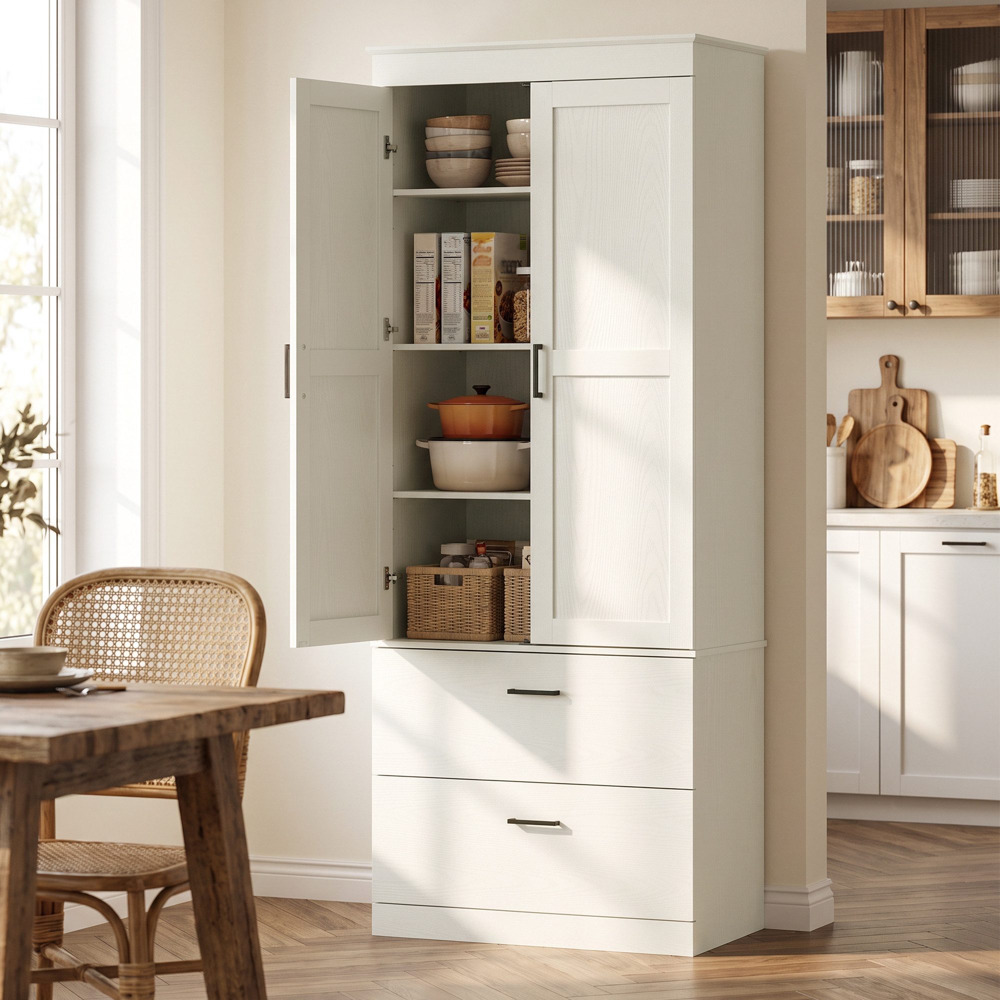 HOMCOM Hochschrank Buffetschrank mit 2 Schubladen (Set, 1-St., 1er Set) Kippsicherung, verstellbare Einlegeböden