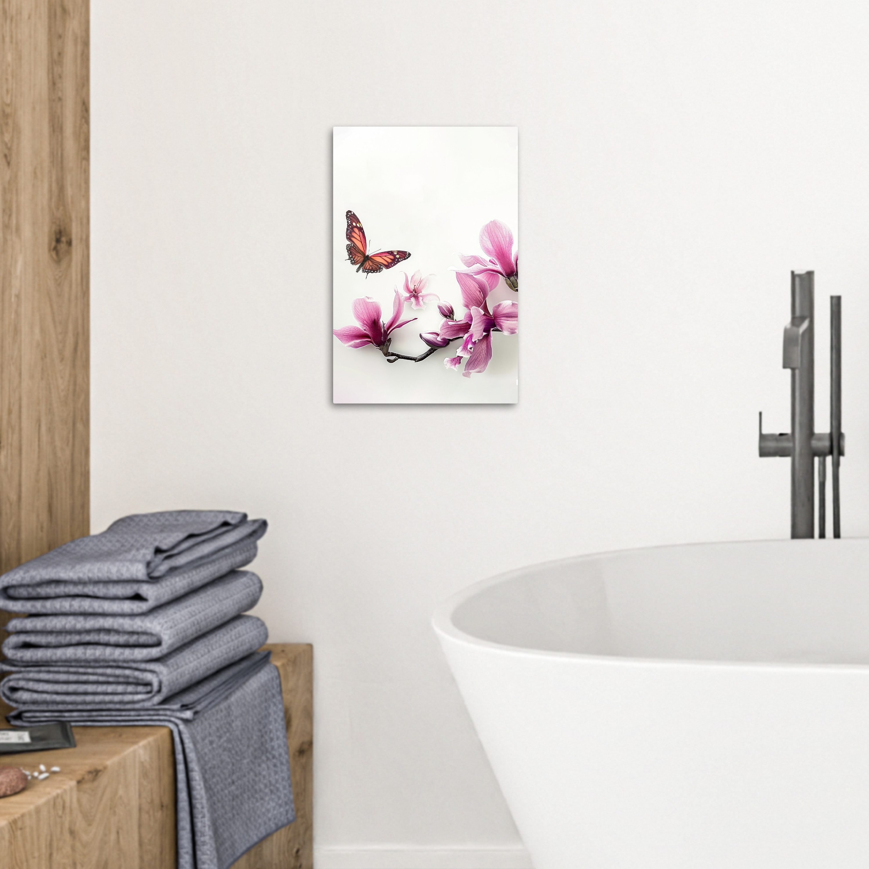 OneMillionCanvasses® Leinwandbild Blüte - Schmetterling - Rosa - Natur - Weiß, Fotodruck (1 St), Badezimmer Deko, Bilder WC, Toilette Wanddeko 20x30 cm