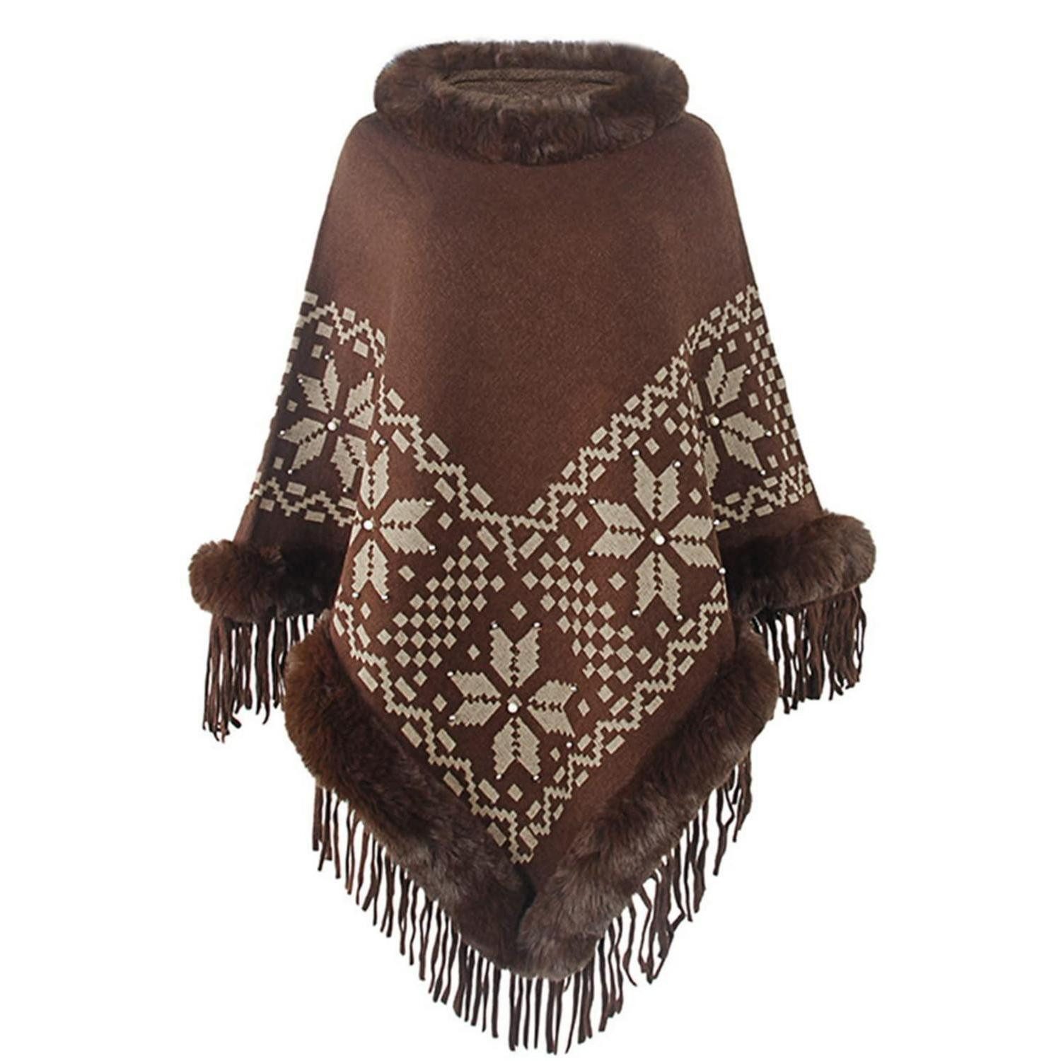 LuxusKollektion Strickschal Damen Poncho Strickpullover Cape mit Fransen Kunstfellkragen, (1-St)
