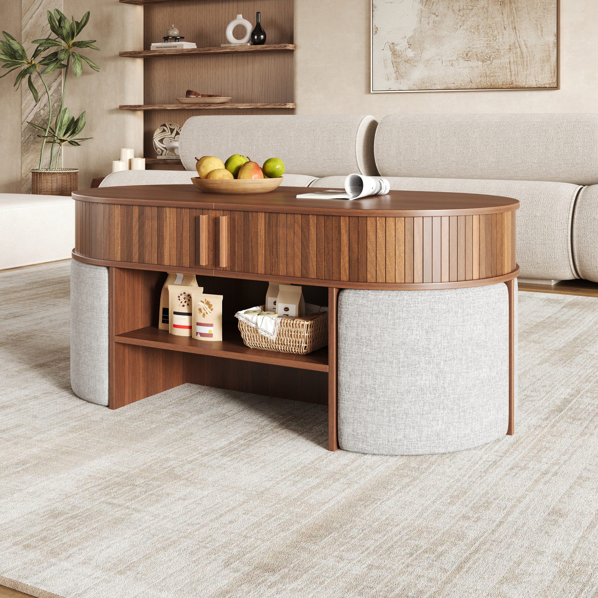 Merax Couchtisch Ovaler Sofatisch Beistelltisch mit Stauraum und Hockern (Aufbewahrungstisch mit vertikaler Rillenoptik, 1-St., 120 L x 60 B x 51,5 H cm), Wohnz – Bild 2 von 5
