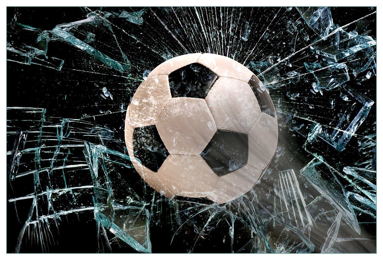 Wallario Küchenrückwand Fußball - im Fenster, Splitter und Glas, (1-tlg)