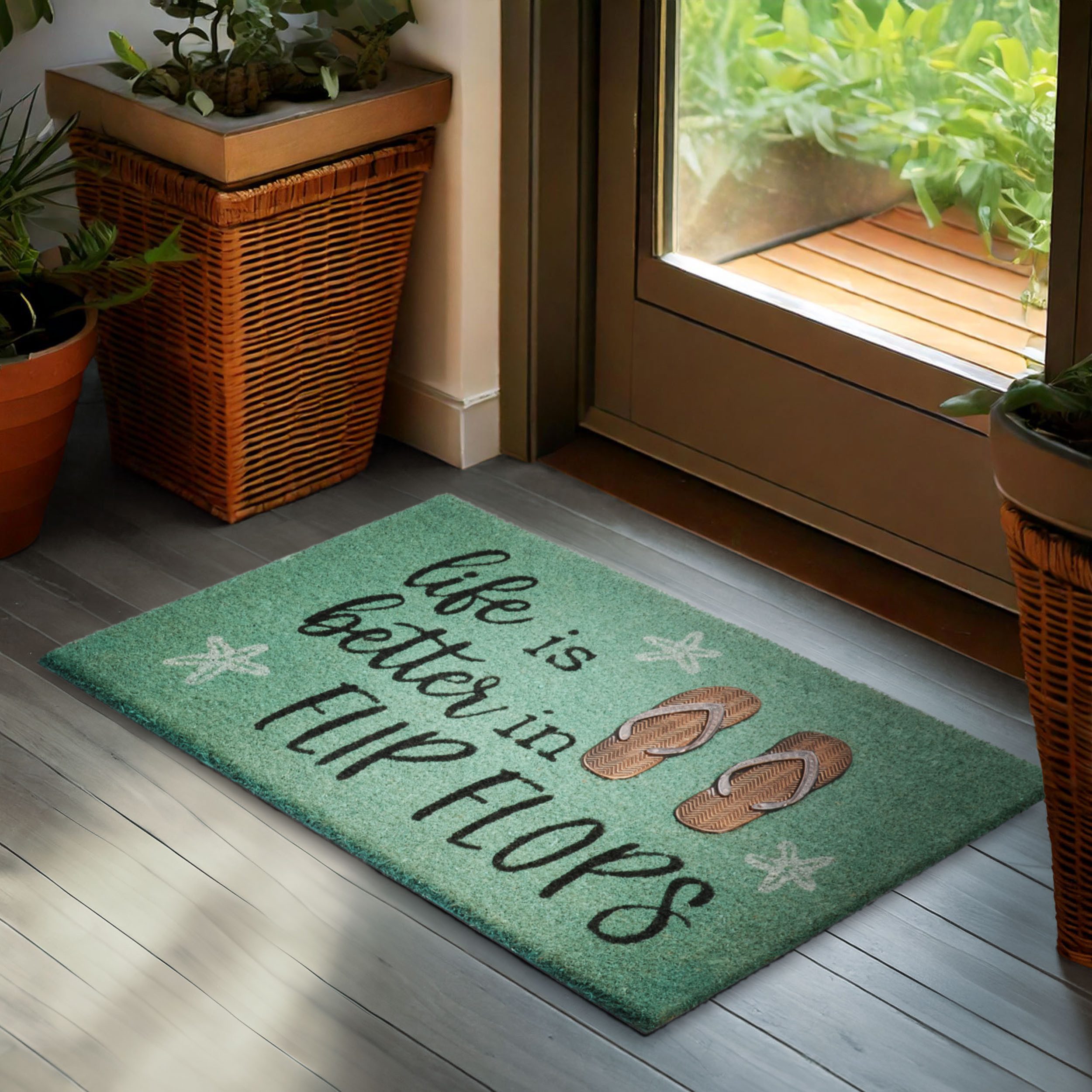BRUBAKER Fußmatte Life is Better in Flip Flops - 45 x 75 cm Schmutzfangmatte - Türkis, Rechteckig, Höhe: 16 mm, Fußmatte für Außen und Innen aus Kokos - Wetterfest und Rutschfest