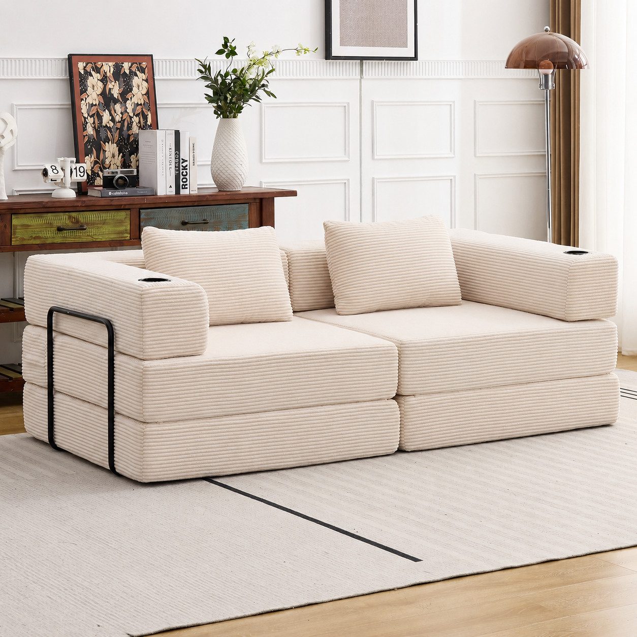 Vankel Sofa Sofas Wohnzimmer, Schlafsofa aus Cord mit Bettfunktion, Faltbares Bodensofa mit Liegefunktion für kleine Räume
