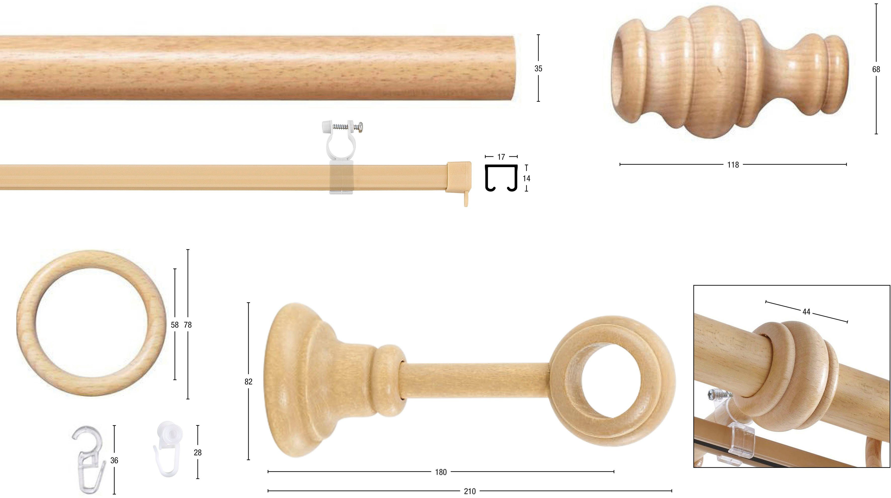 Vorhanggarnitur verlängerbar, Holz, BAROCK, Lauf GARESA, Gleiter rustikale mit Ø 2-läufig, Gardinenstange Wunschmaßlänge, Ringe/2 mm, 35