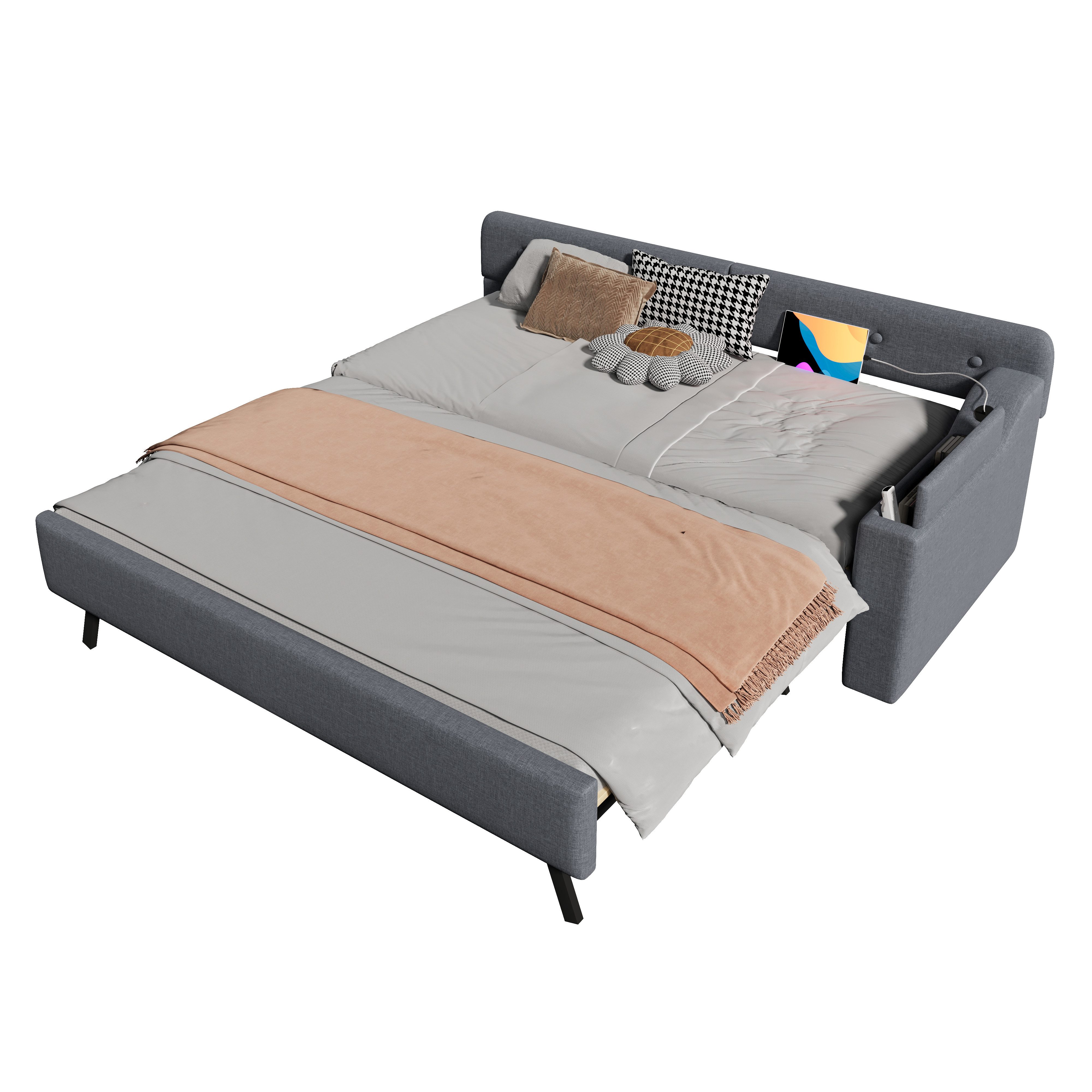 REDOM Daybett Schlafsofa,Tagesbett,mit ausziehbarem Ausziehbett (Schlafsofa 90x200 cm mit Lattenrost und ausziehbarem Rollbett, USB+Type-C Ladeanschluss, Staufach), ohne Matratze