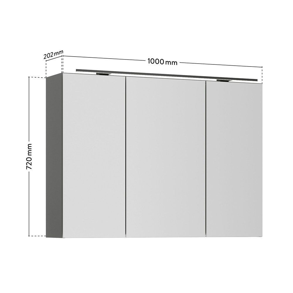 Lomadox Spiegelschrank PALERMO-136-GREY grau breit mit cm Aufsatzleuchte 100/72/21 100cm matt LED schwarz