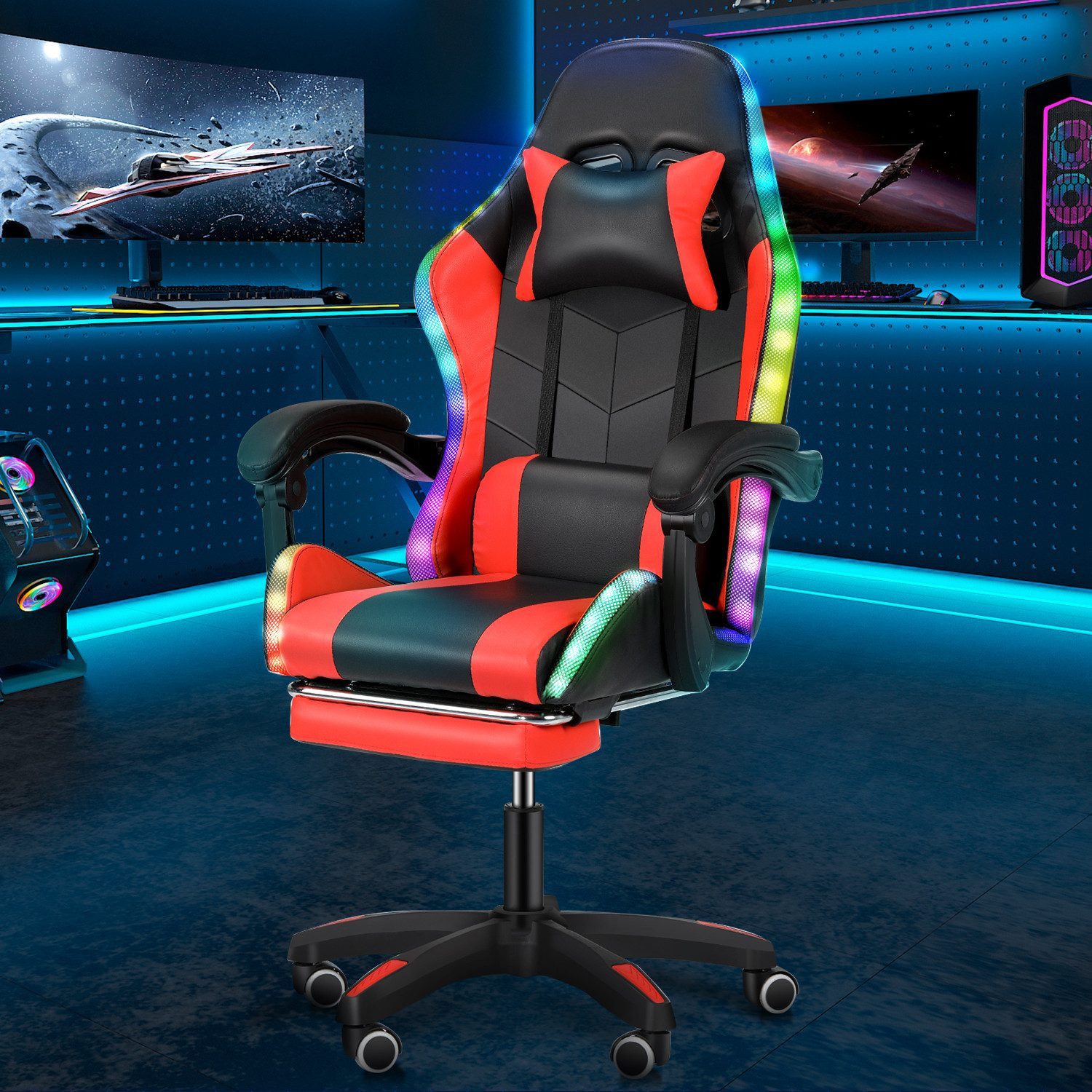 OULENBIYAR Gaming-Stuhl Gaming Chair LED, RGB Computerstuhl mit Fußstütze und Lendenkissen, Racing Gamer Stuhl Ergonomisch,mit Verstellbare Kopfstütze,Bürostuhl