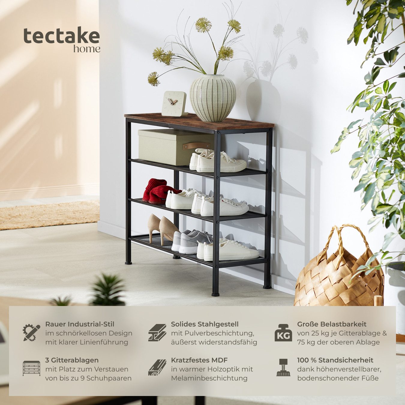 tectake Schuhregal Flurregal aus Holz und Stahl, 80,5 x 30,5 x 72,5 cm, Schuhablage mit Gitterablagen Newport 1-tlg., Ablage und 3 Gitterablagen, mit höhenverstellbaren Kunststofffüßen