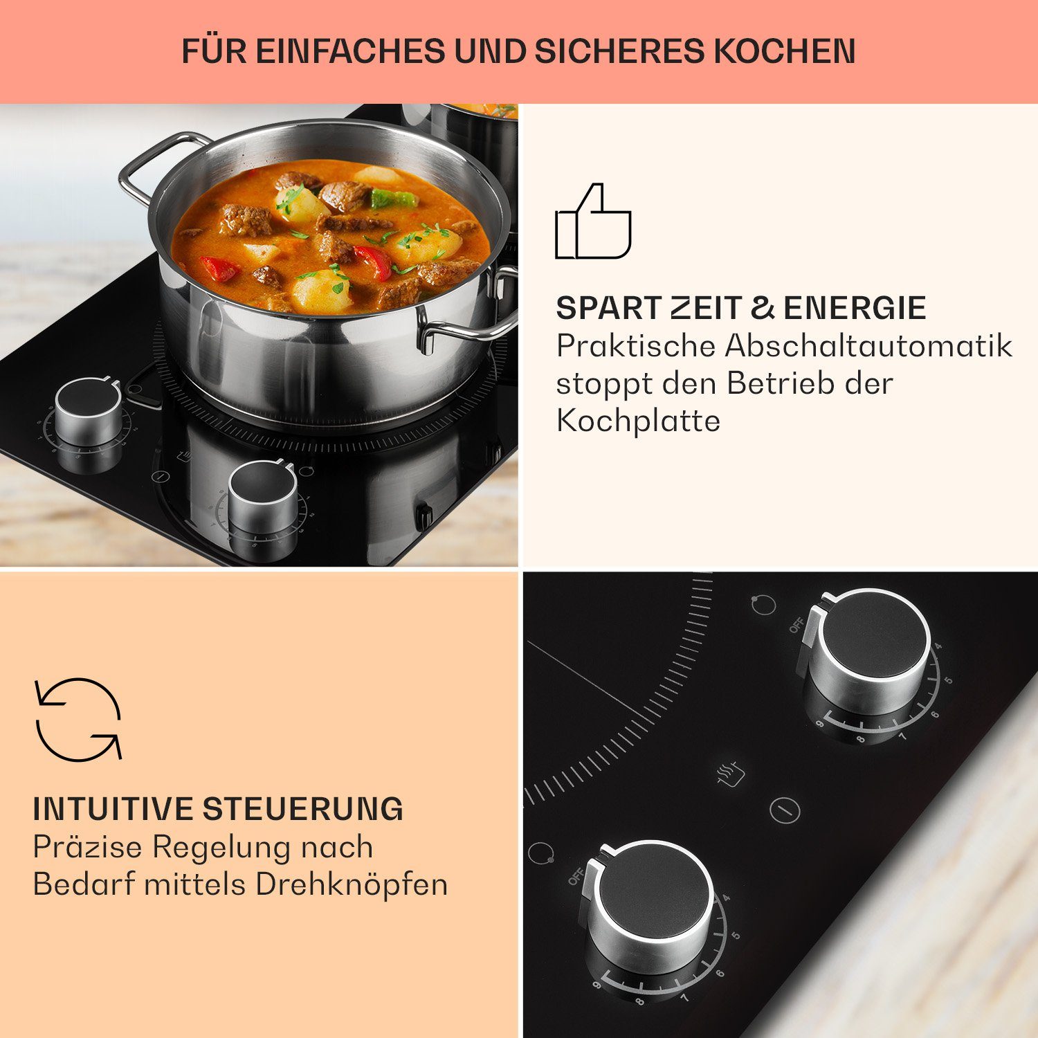 Klarstein Induktions-Kochfeld Kochheld Doppel-Induktion 2900W 2 Zonen 9 Stufen Drehregler Glas 10034946, Einbau-Induktionsfeld Domino mit Glaskeramik Touch & Bo – Bild 5 von 5