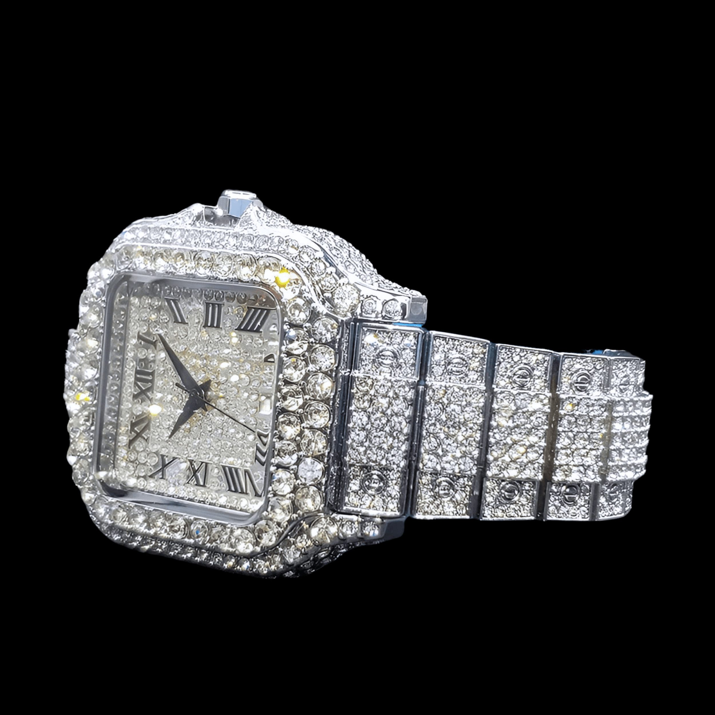 S&T Design Quarzuhr Iced Out Uhr Armbanduhr Herrenuhr Römische Ziffern, (Armbandkürzer, inkl. Lederuhrenbox), Datum, Ice, Quadratisch, Edelstahl, Diamantzirkonia, Wasserdicht 3Bar