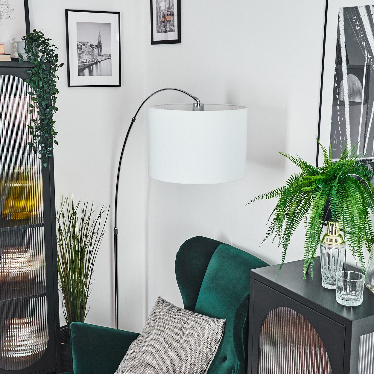 hofstein Bogenlampe Stehlampe aus Metall/Stoff in Schwarz/Chromfarben/Weiß, Stehleuchte mit Marmorfuß, modernes Design (40 cm), Fußschalter, E27